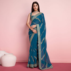 Blue Floral Sequins Embroidered Organza Saree