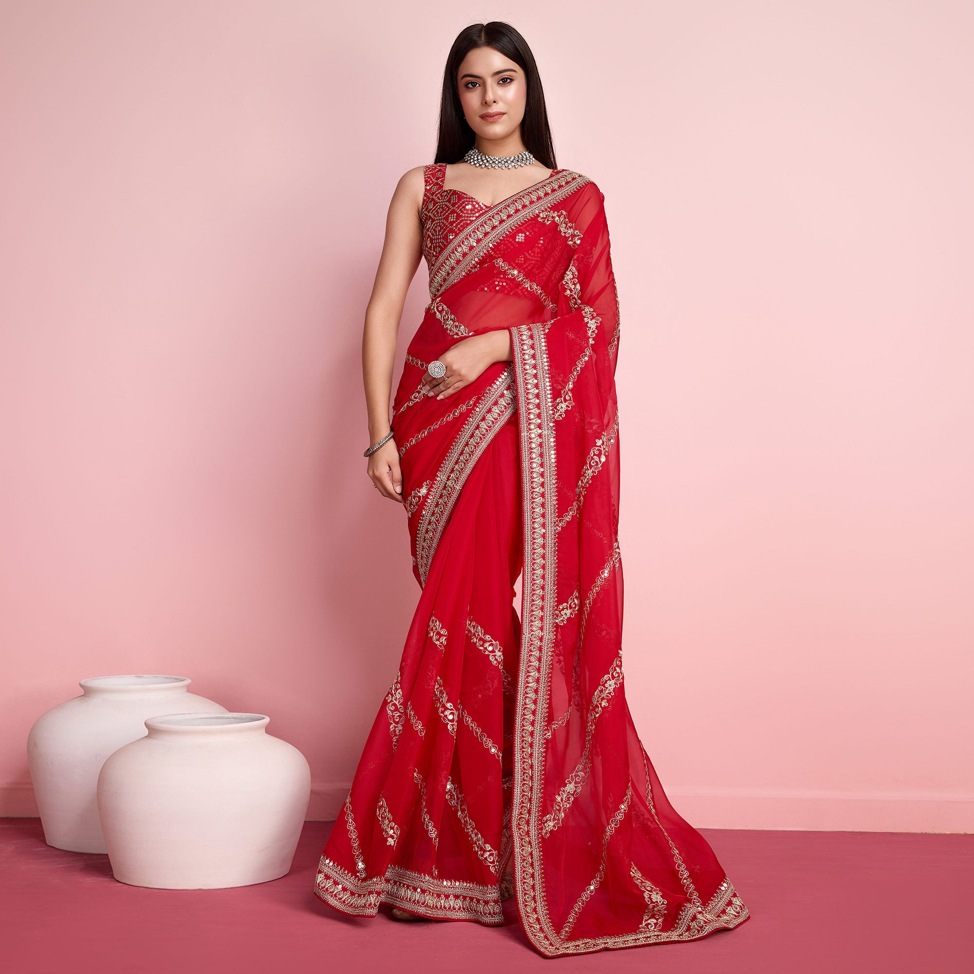 Red Floral Sequins Embroidered Organza Saree