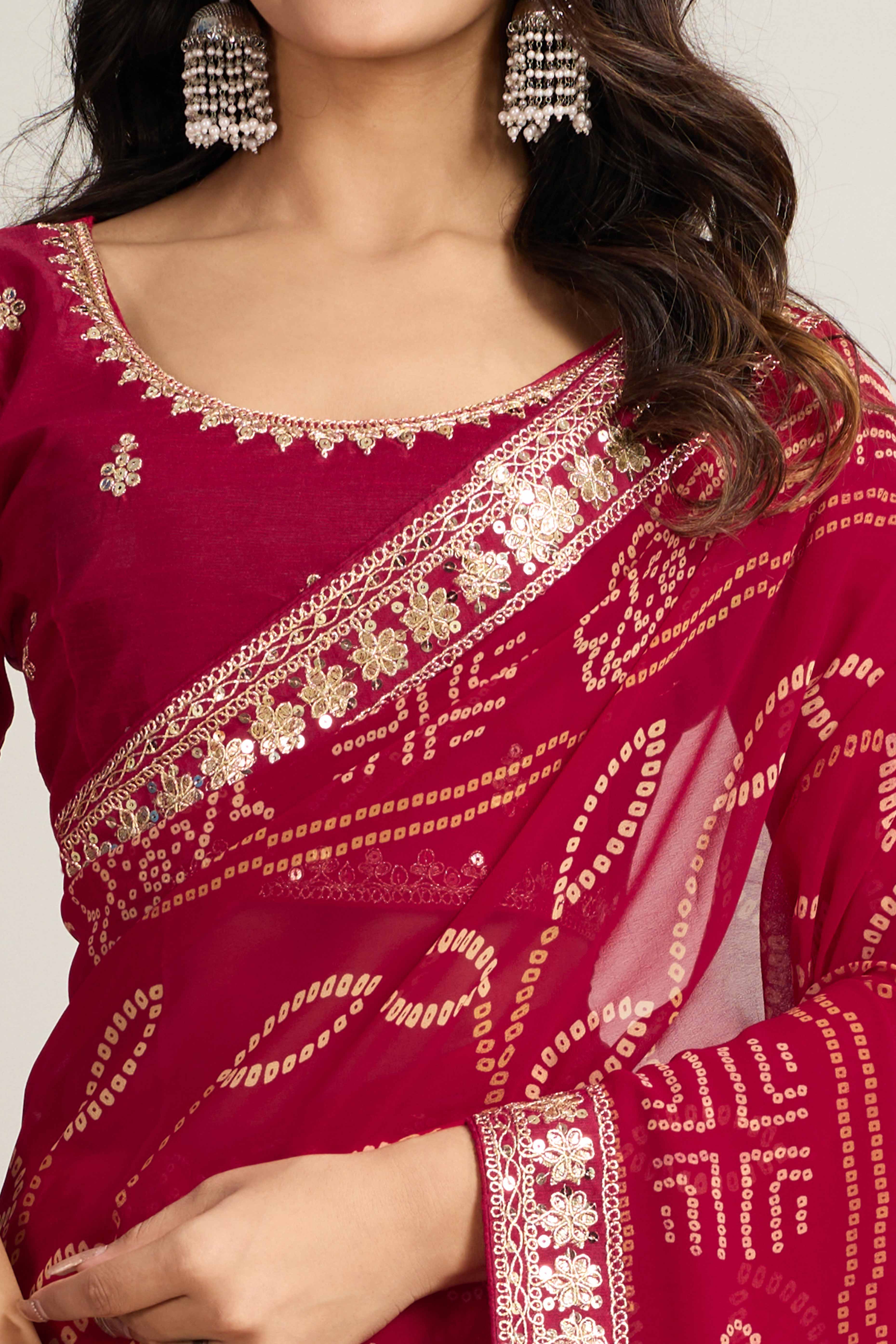 Pink Bandhani Digital Printed Georgette Saree Enhanced With Cording Embroidered Border