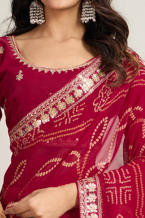 Pink Bandhani Digital Printed Georgette Saree Enhanced With Cording Embroidered Border