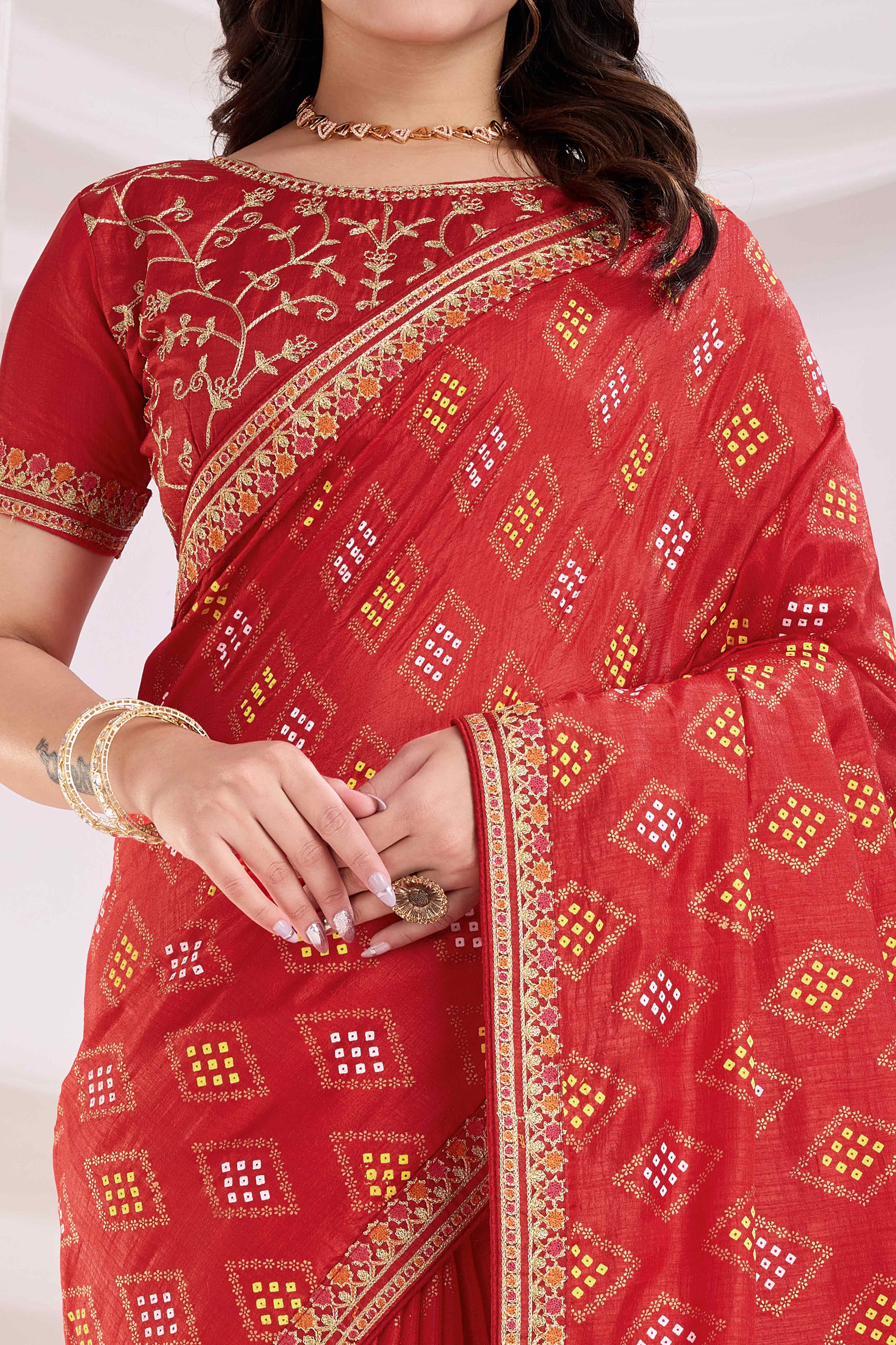 Red Bandhani Printed Vichitra Silk Saree With Embroidery Border