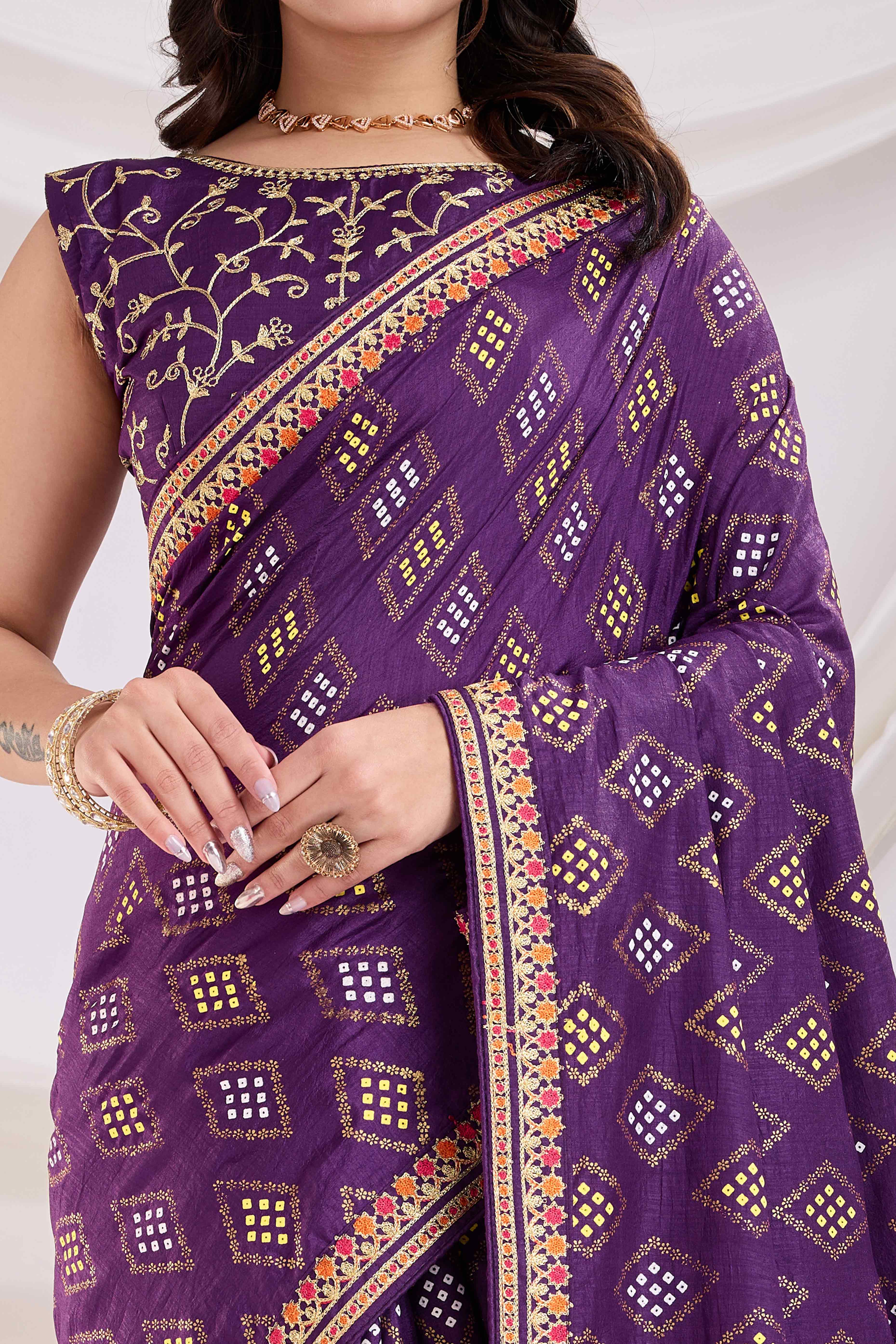 Purple Bandhani Printed Vichitra Silk Saree With Embroidery Border