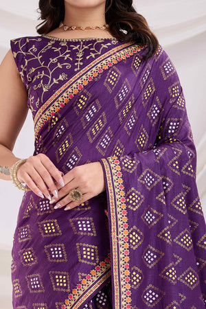 Purple Bandhani Printed Vichitra Silk Saree With Embroidery Border