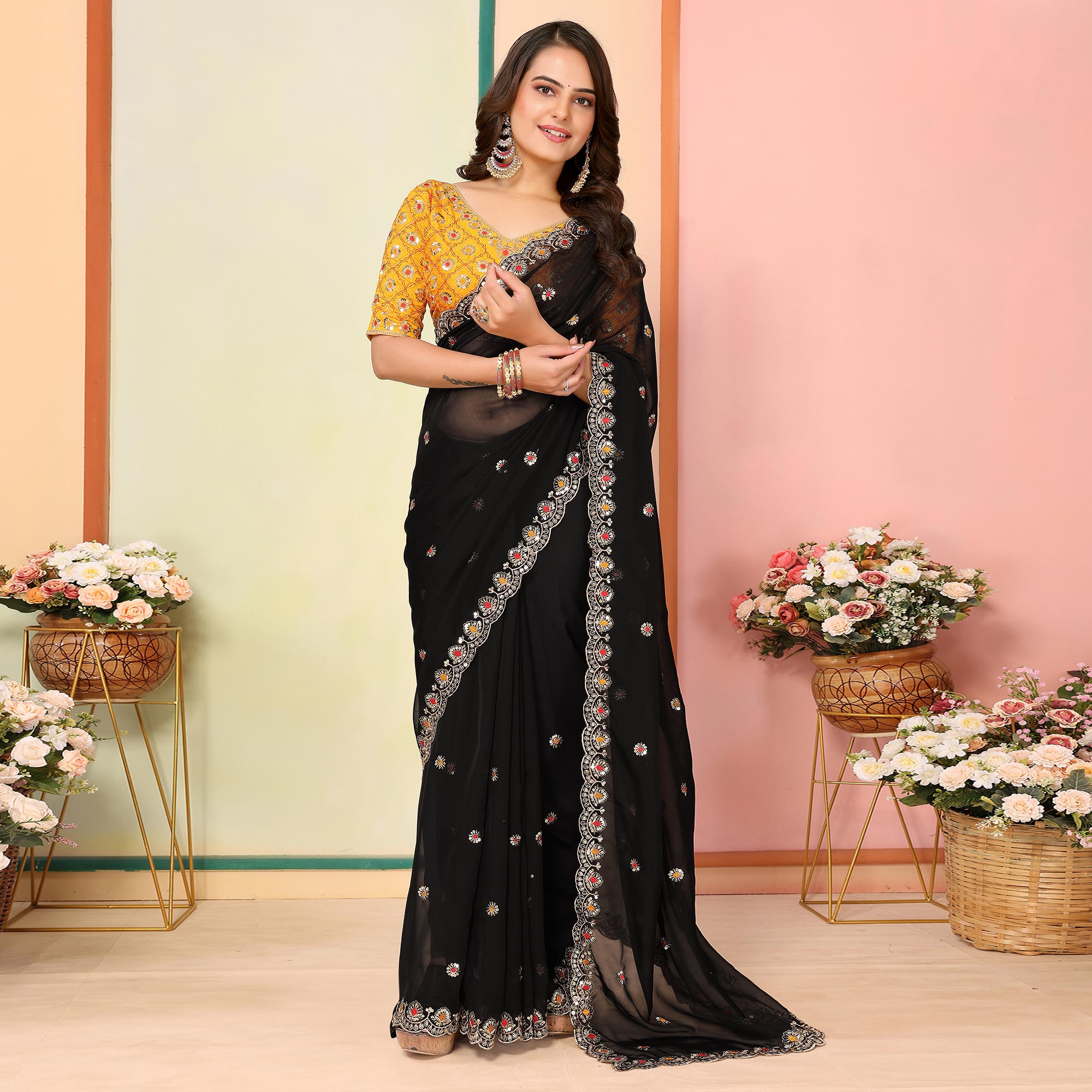 Black Sequins Embroidered Embroidered Organza Saree