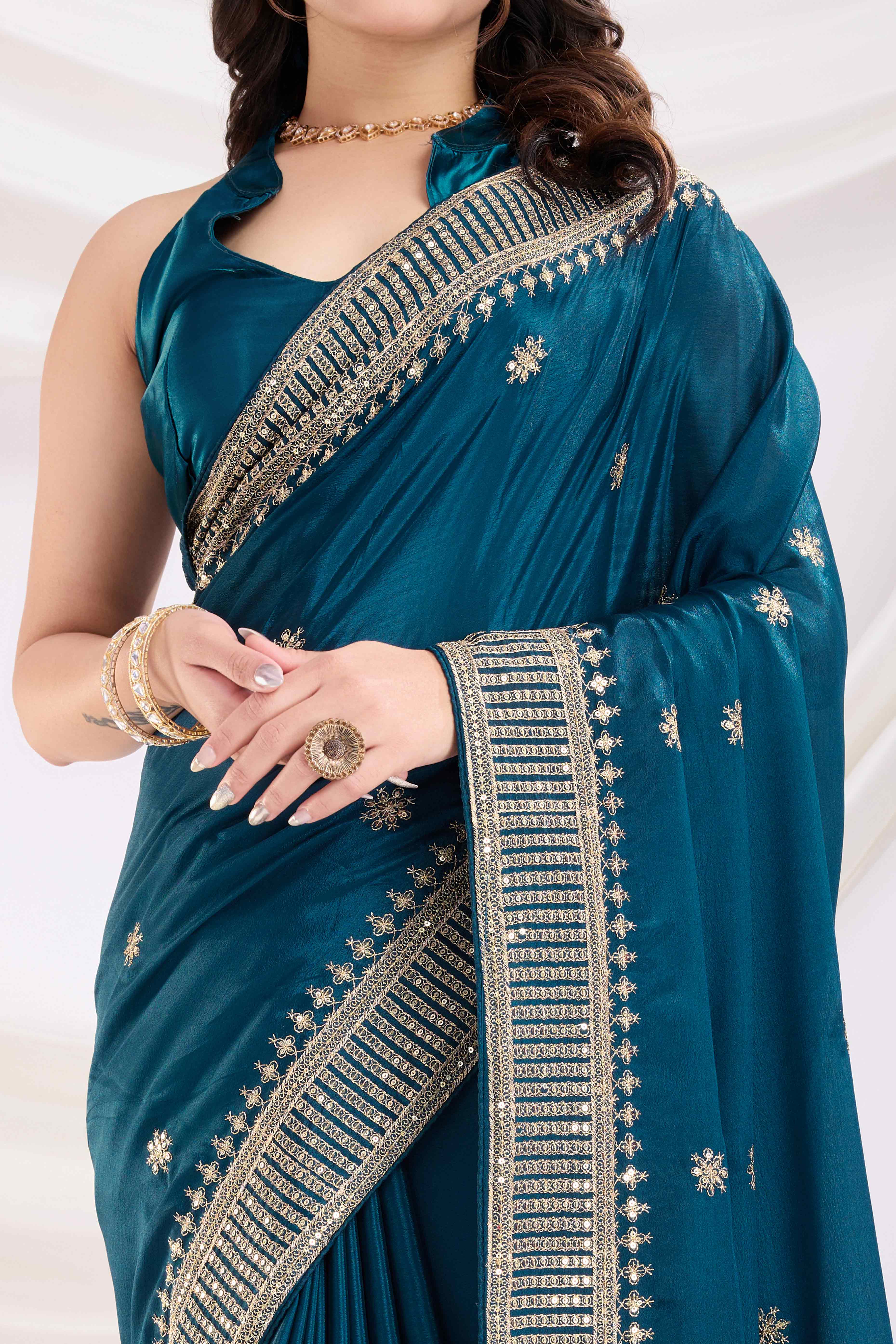 Teal Saree In Chinon Silk Featuring Delicate Floral Embroidery & Sparkling Sequins