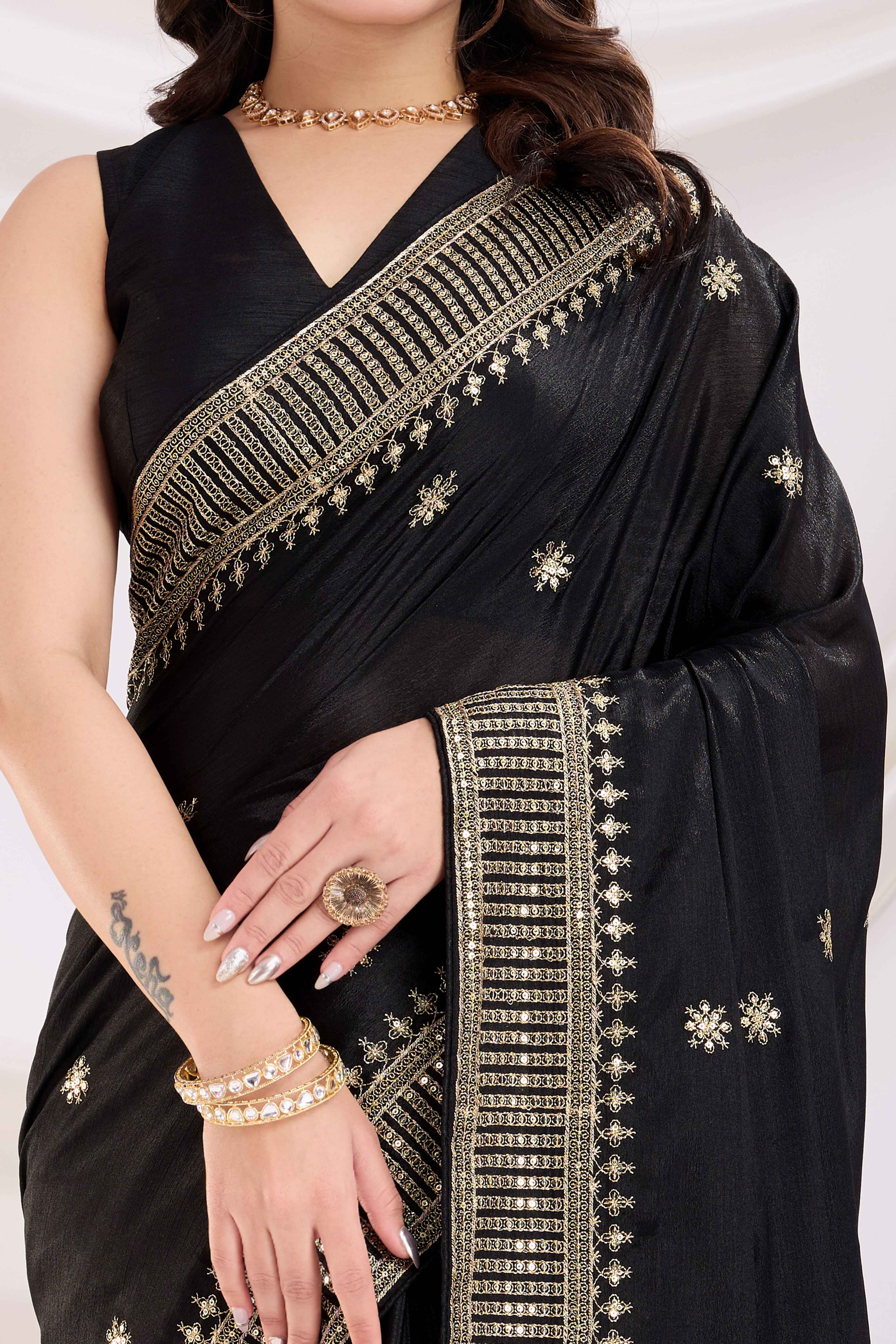 Black Saree In Chinon Silk Featuring Delicate Floral Embroidery & Sparkling Sequins