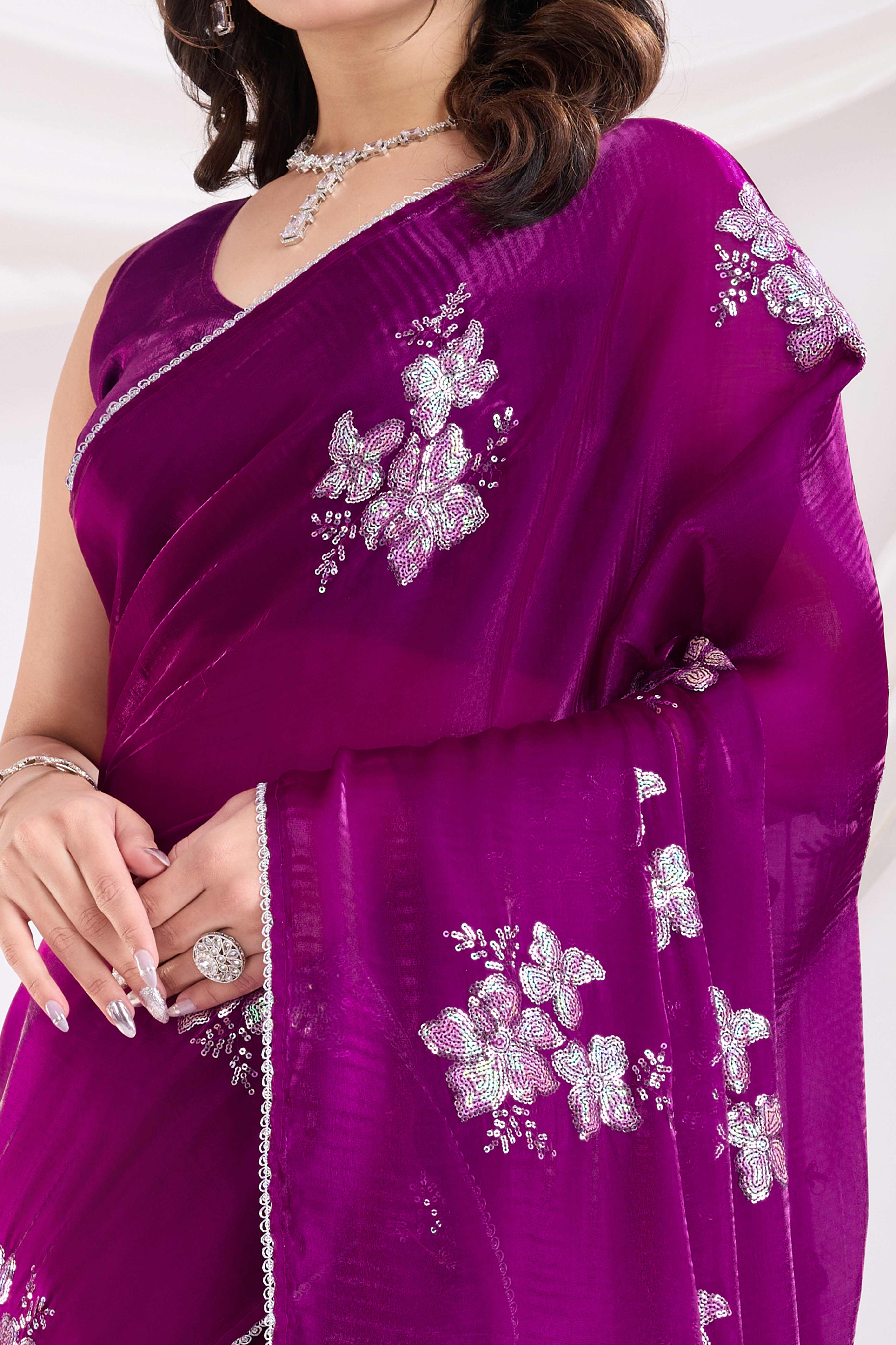 Purple Saree With Exquisite Floral Sequins Embroidery On Luxe Jimmy Choo Silk Blend