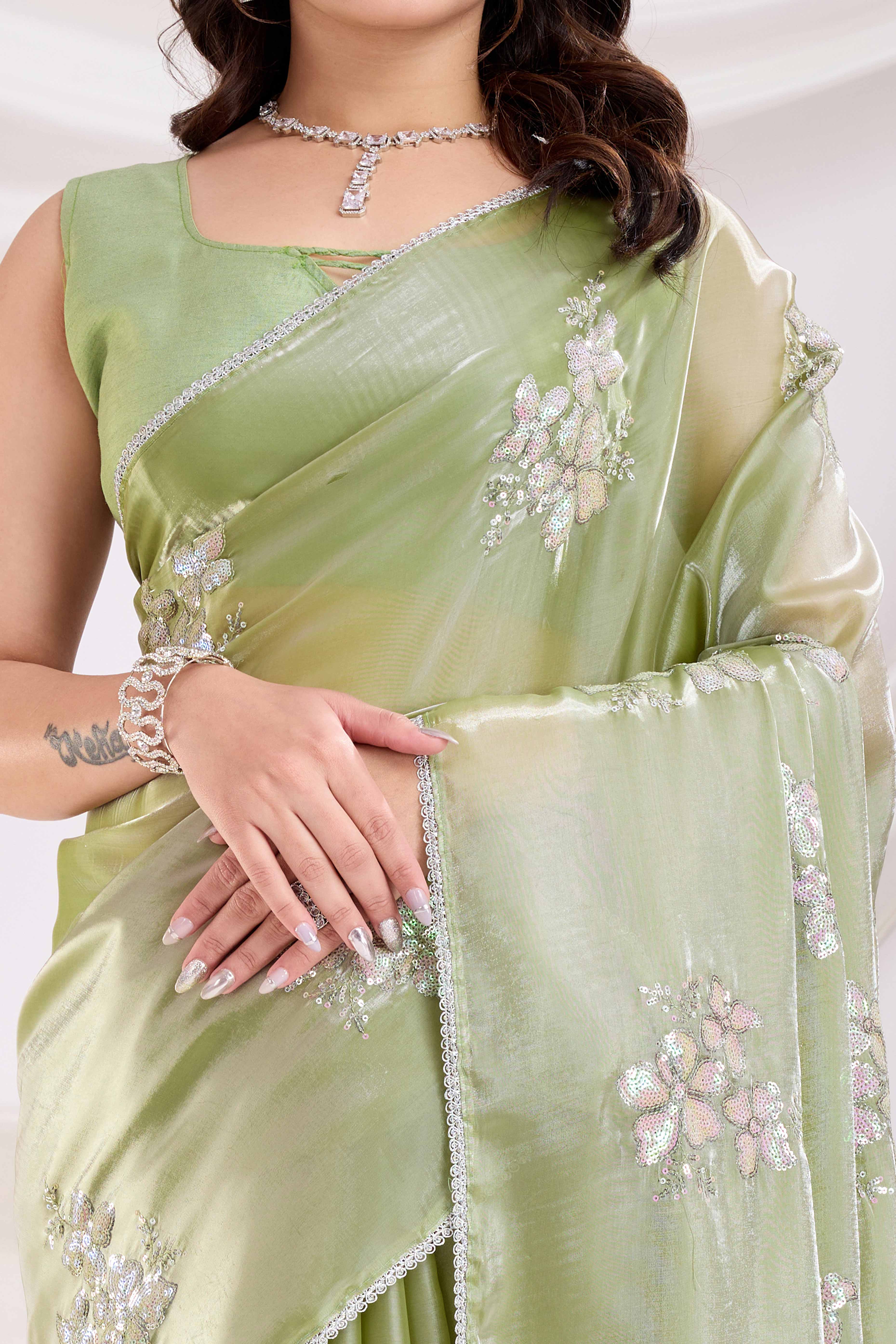 Green Saree With Exquisite Floral Sequins Embroidery On Luxe Jimmy Choo Silk Blend