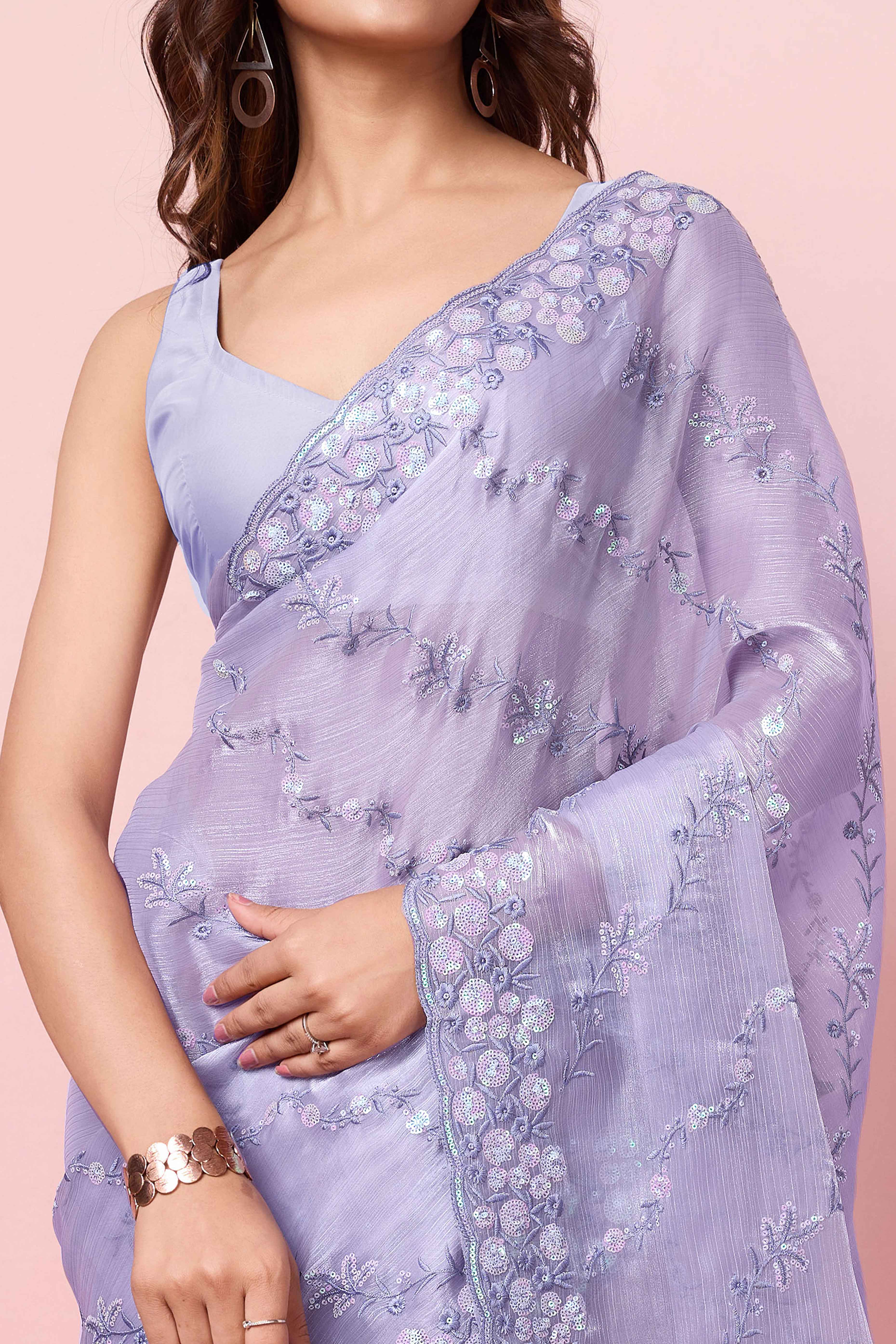 Lavender Floral Sequins Embroidered Burberry Silk Saree