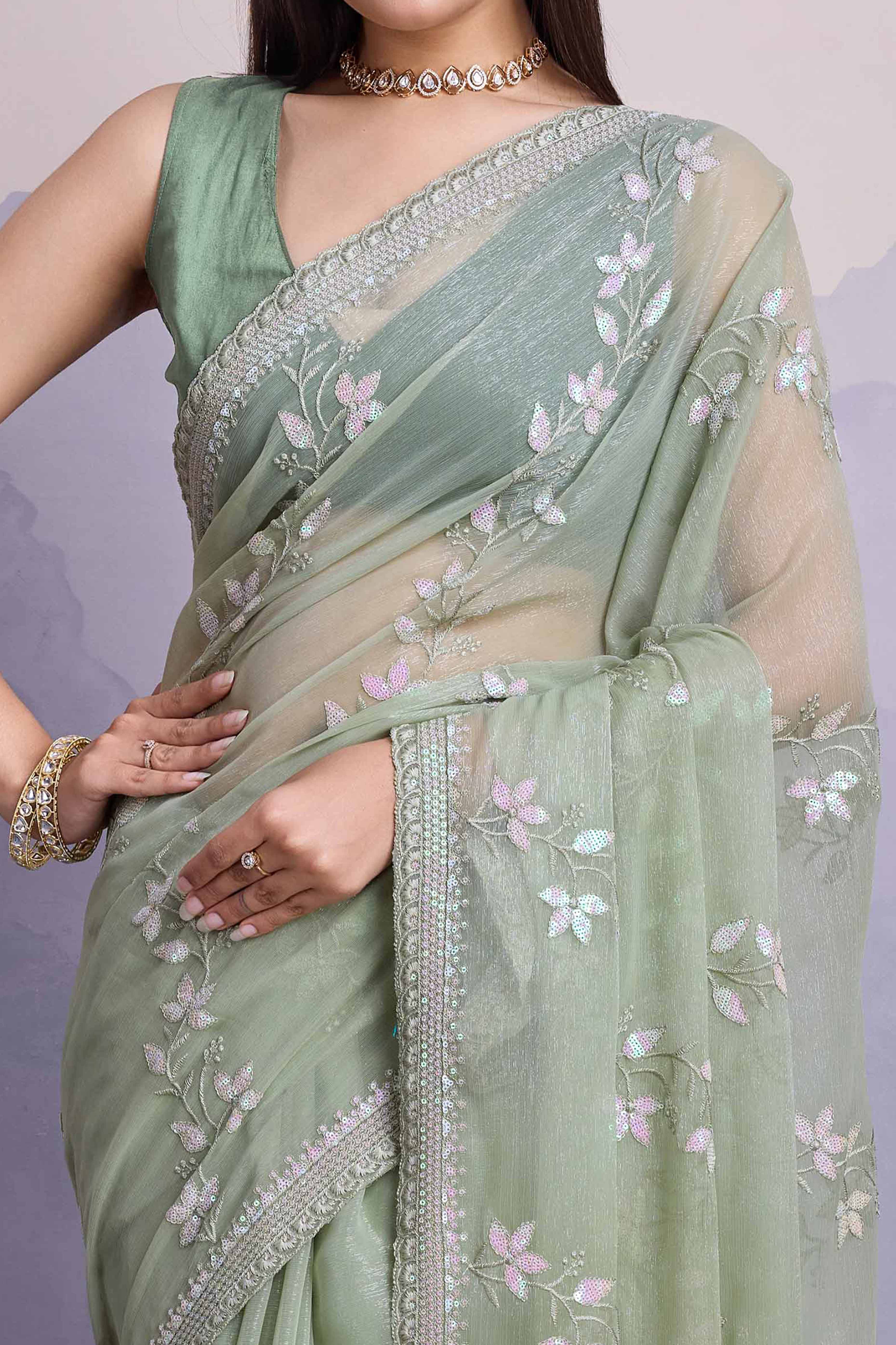 Green Floral Sequins Embroidered Chiffon Saree