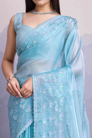 Blue Floral Sequins Embroidered Jimmi Choo Zoya Silk Saree