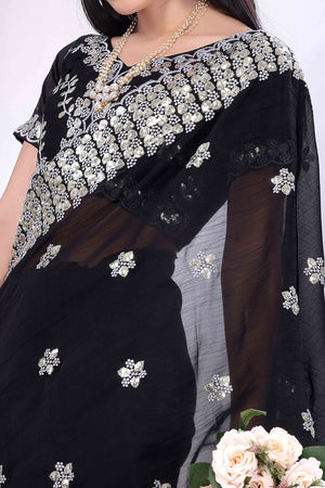 Black Crunchy Organza Silk Saree Adorned With Intricate Floral Sequins Embroidery