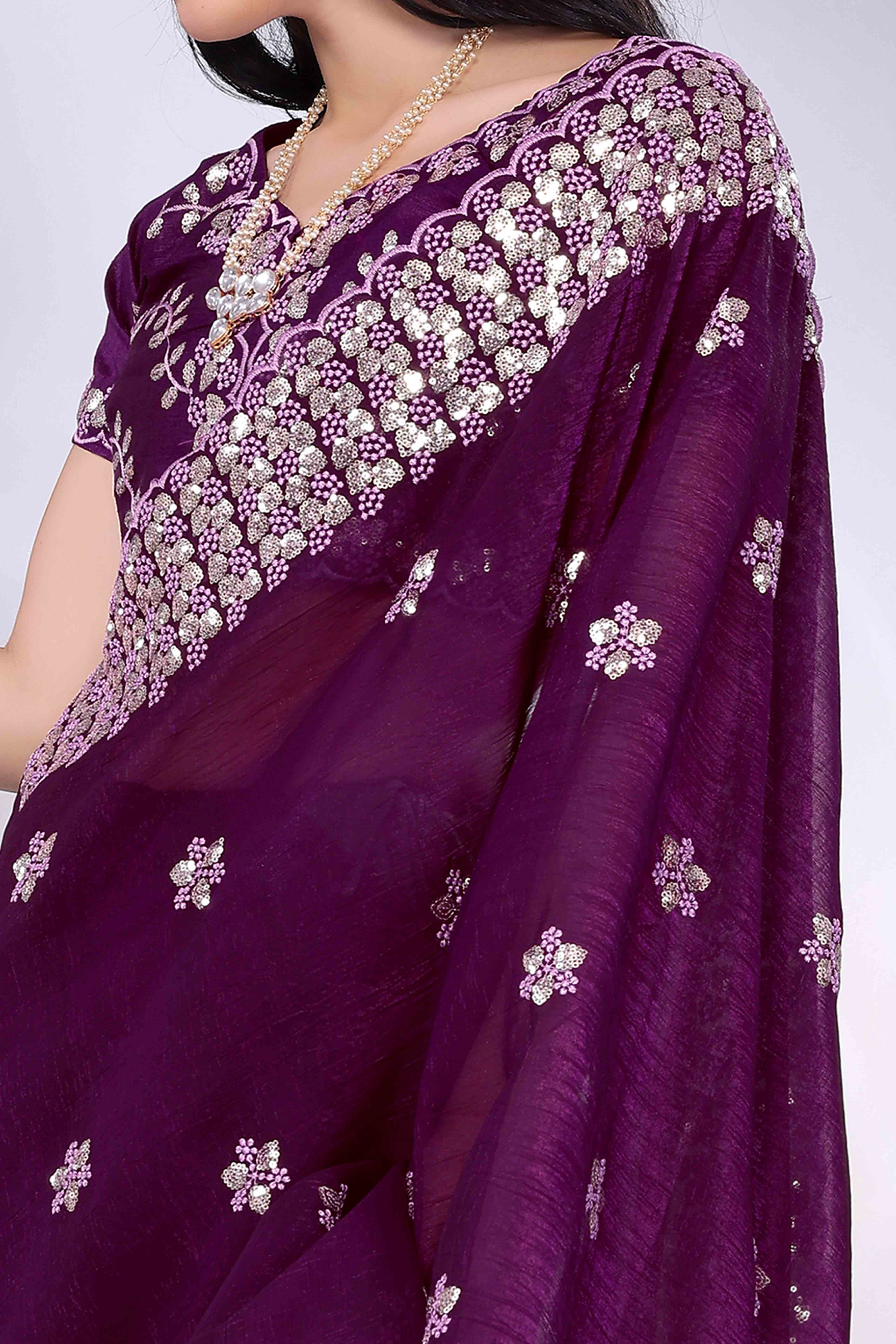 Wine Crunchy Organza Silk Saree Adorned With Intricate Floral Sequins Embroidery
