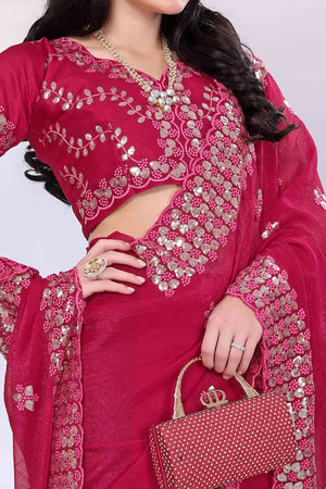 Rani Pink Crunchy Organza Silk Saree Adorned With Intricate Floral Sequins Embroidery