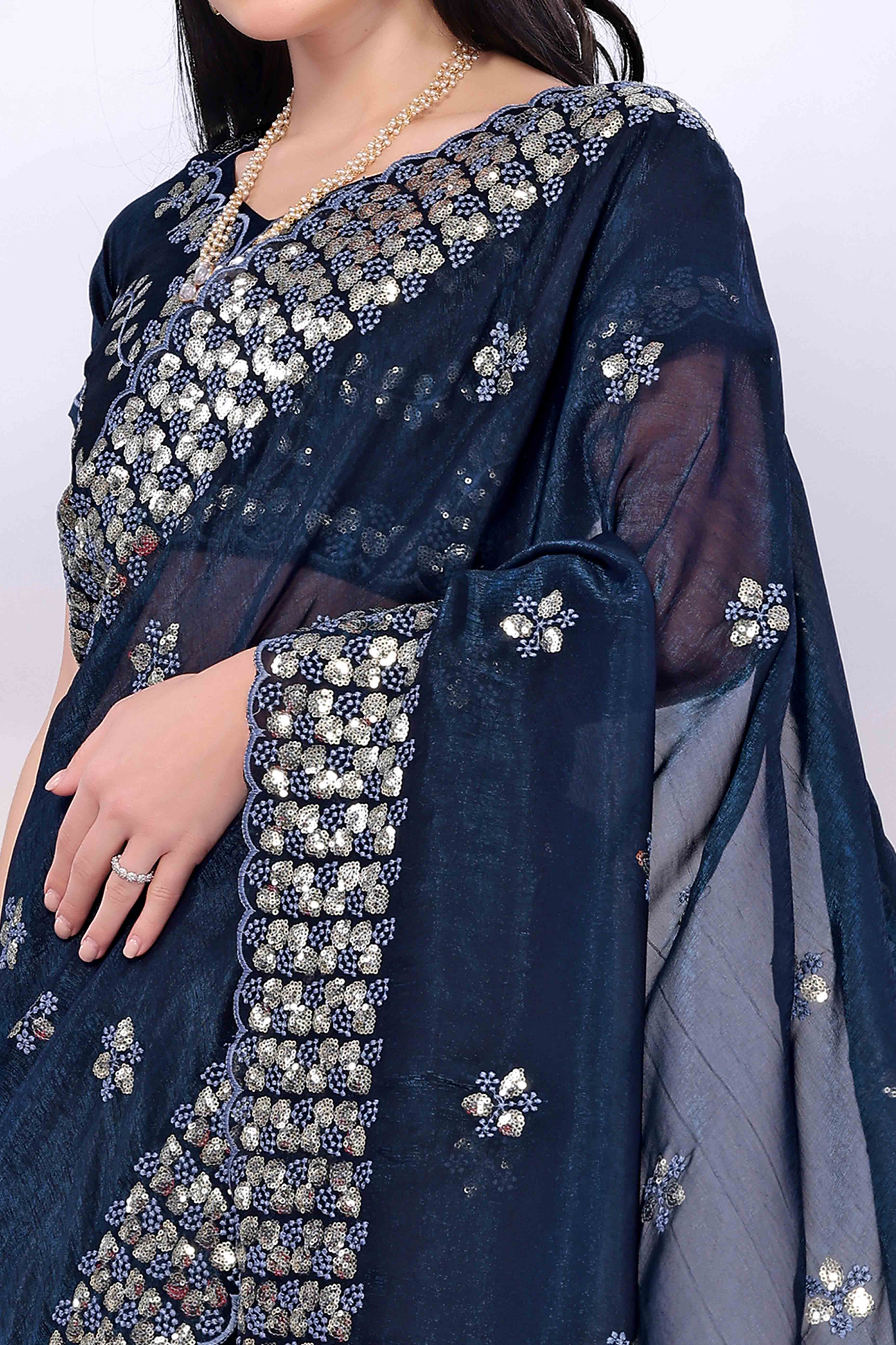 Blue Crunchy Organza Silk Saree Adorned With Intricate Floral Sequins Embroidery