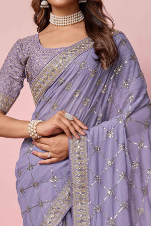 Lavender Sequins Embroidered Georgette Saree