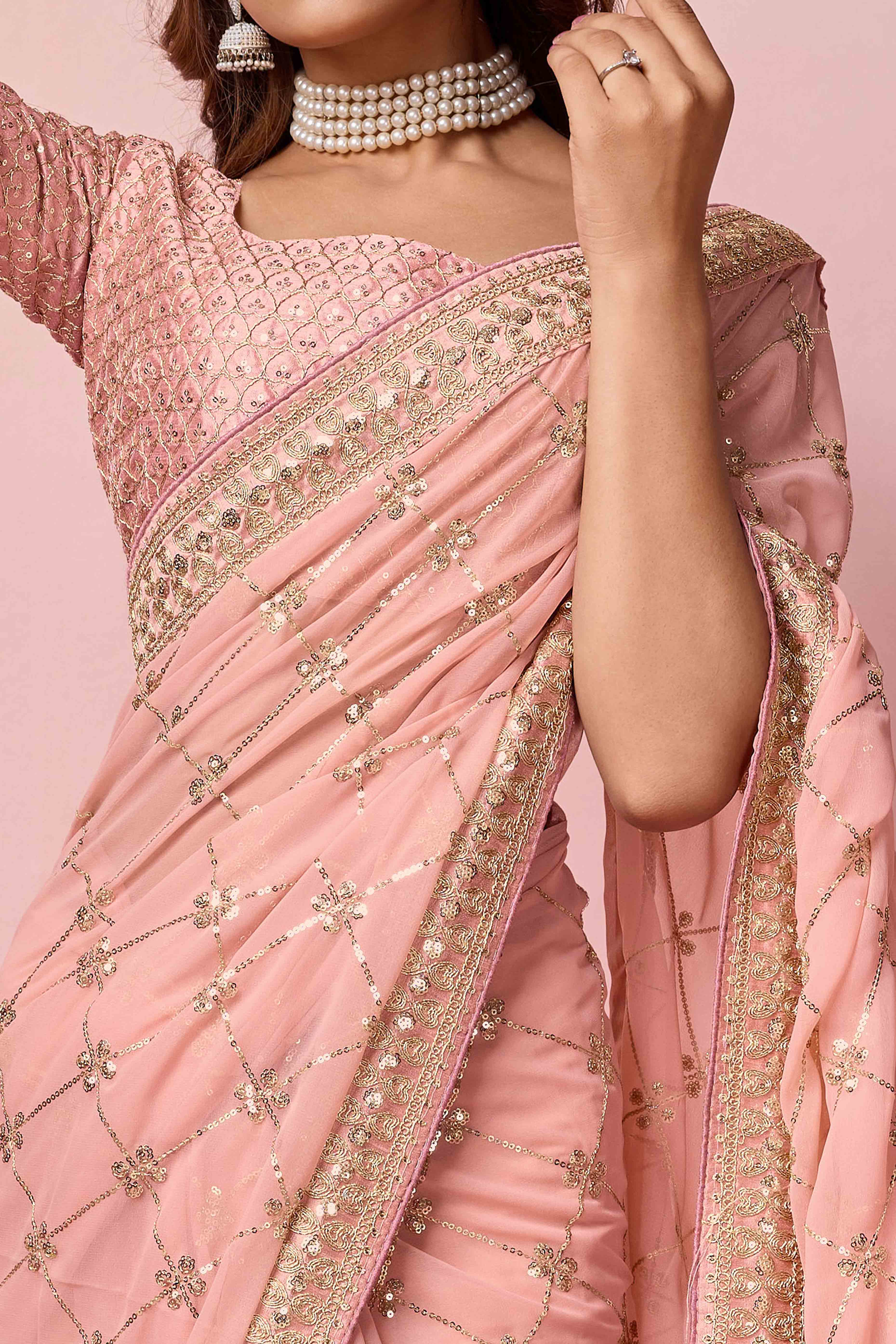 Peach Sequins Embroidered Georgette Saree