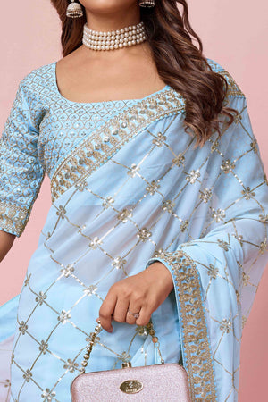 Blue Sequins Embroidered Georgette Saree