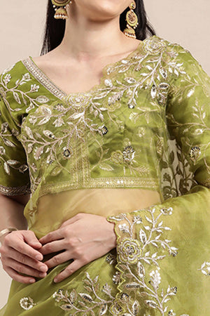 Organza Partywear Saree in Mehendi Green with Floral Embroidery
