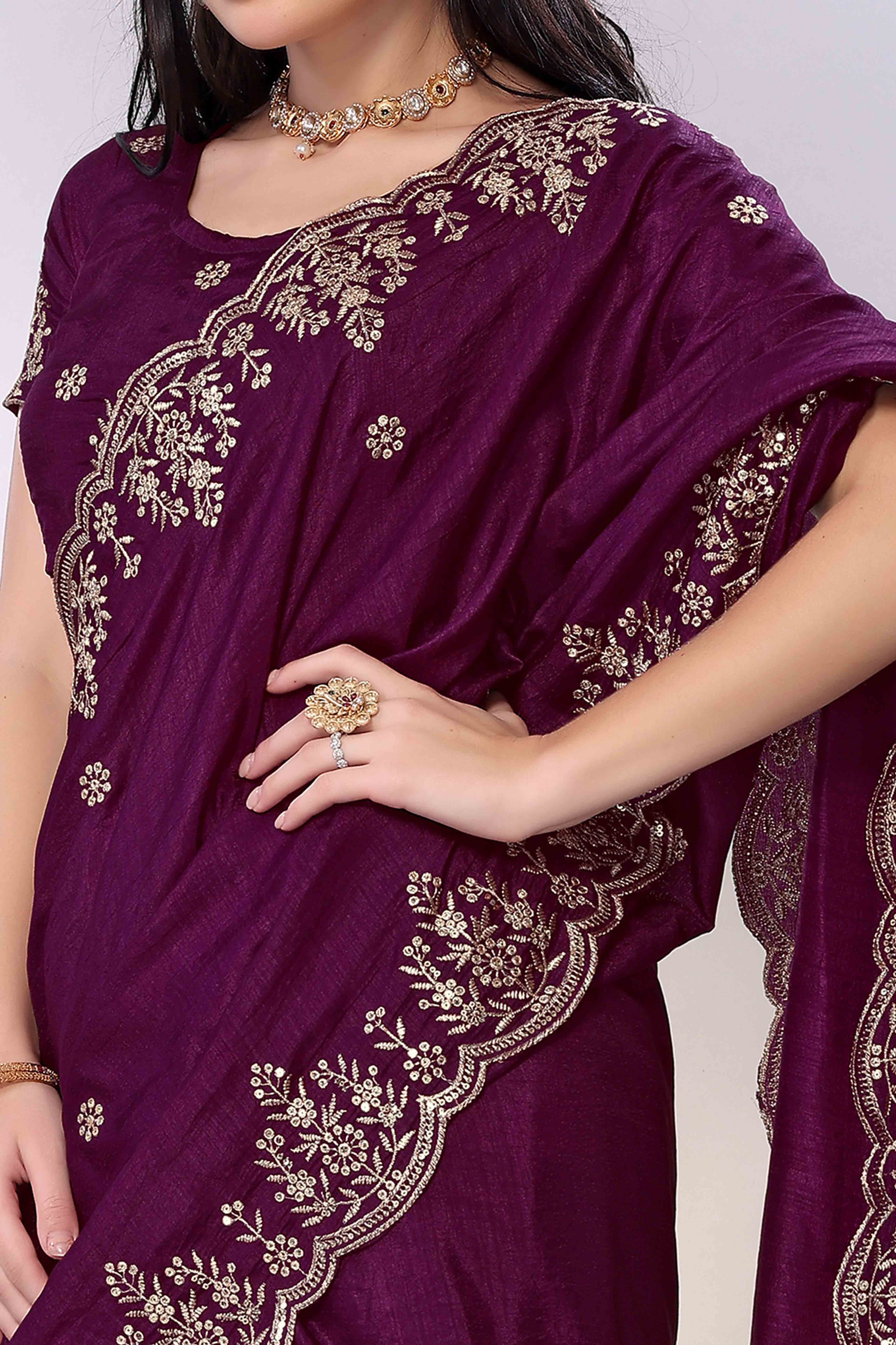 Wine Zari Embroidered Saree In Vichitra Silk With Shimmering Floral Sequins Work