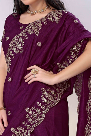 Wine Zari Embroidered Saree In Vichitra Silk With Shimmering Floral Sequins Work