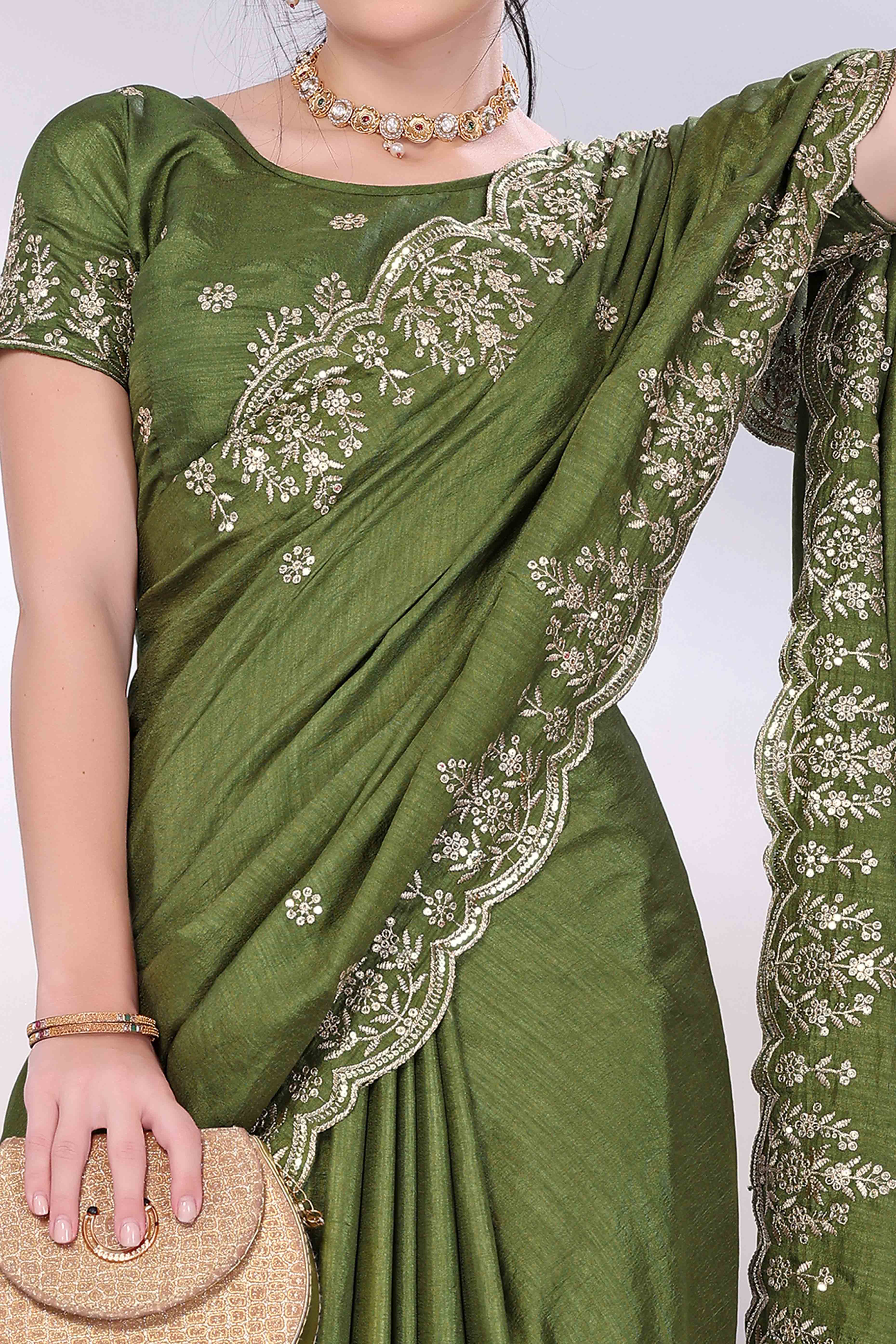 Green Zari Embroidered Saree In Vichitra Silk With Shimmering Floral Sequins Work