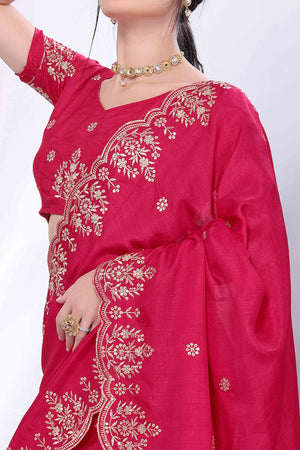 Pink Zari Embroidered Saree In Vichitra Silk With Shimmering Floral Sequins Work