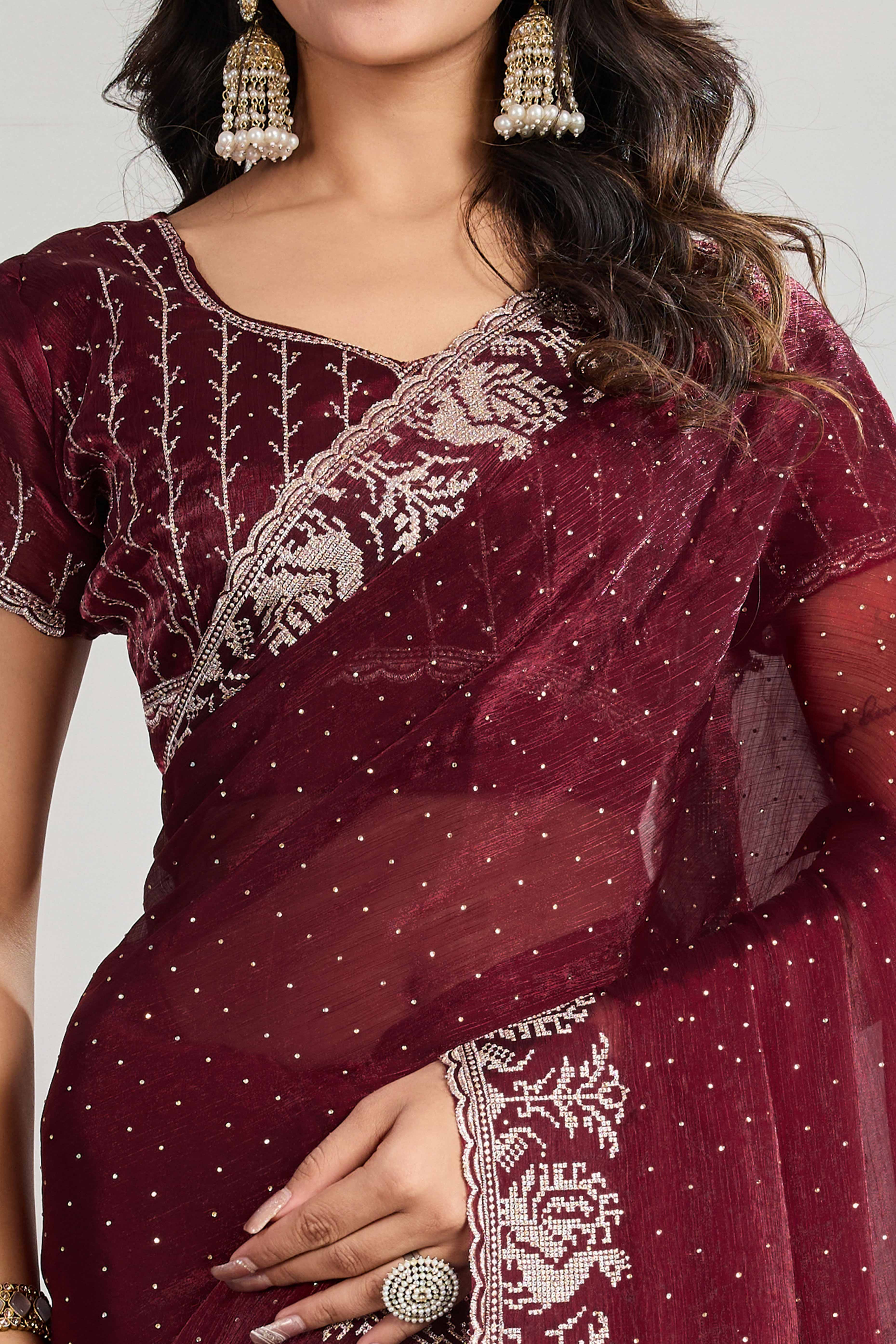 Maroon Festive Wear Silk Blend Saree with Embroidery & Stones