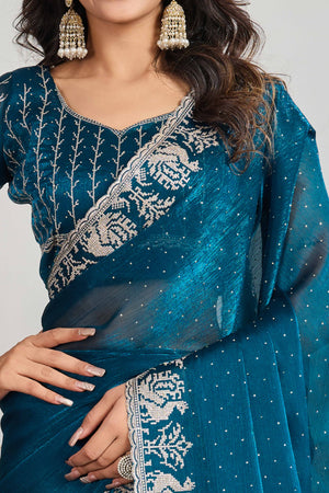 Teal Festive Wear Silk Blend Saree with Embroidery & Stones