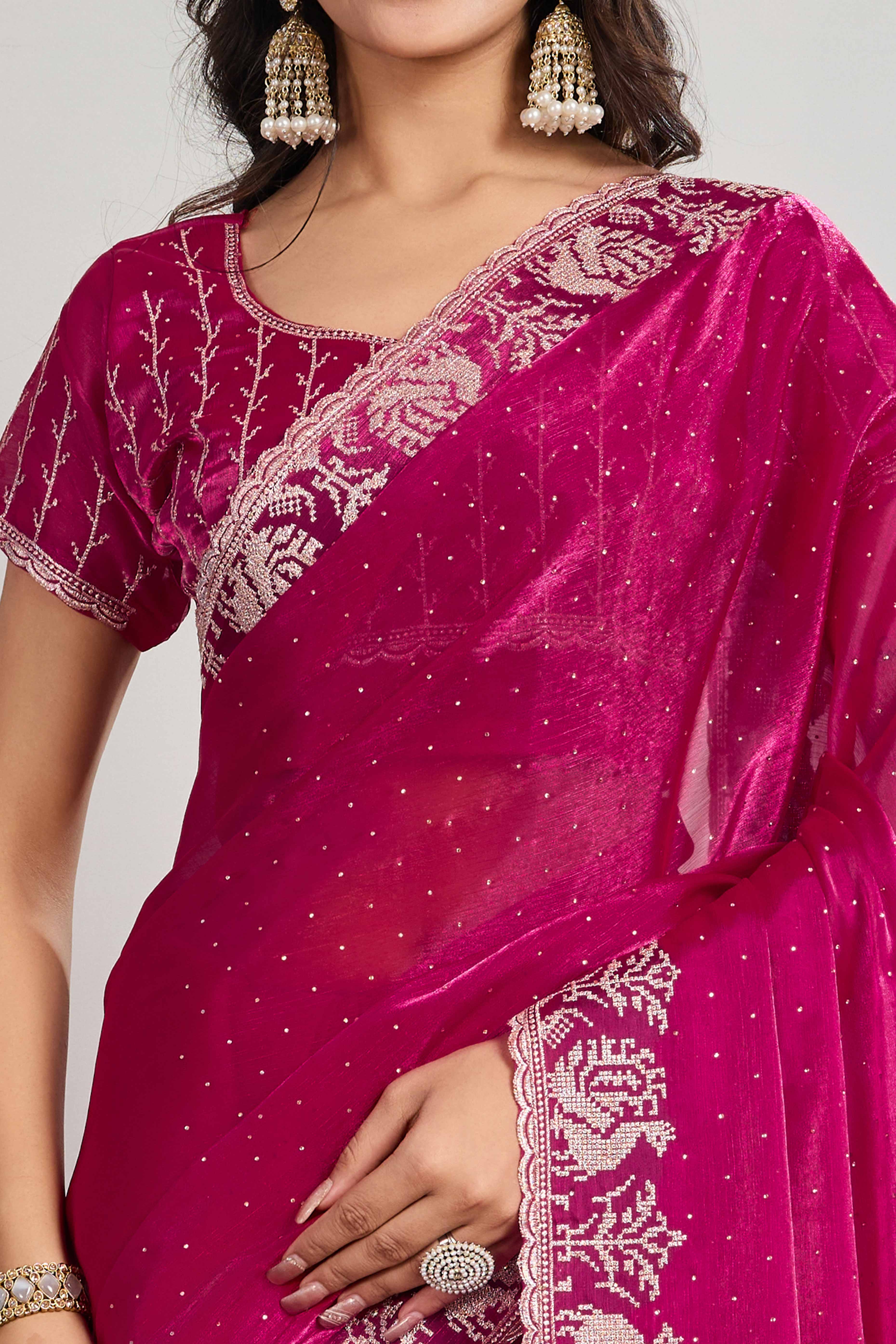 Pink Festive Wear Silk Blend Saree with Embroidery & Stones