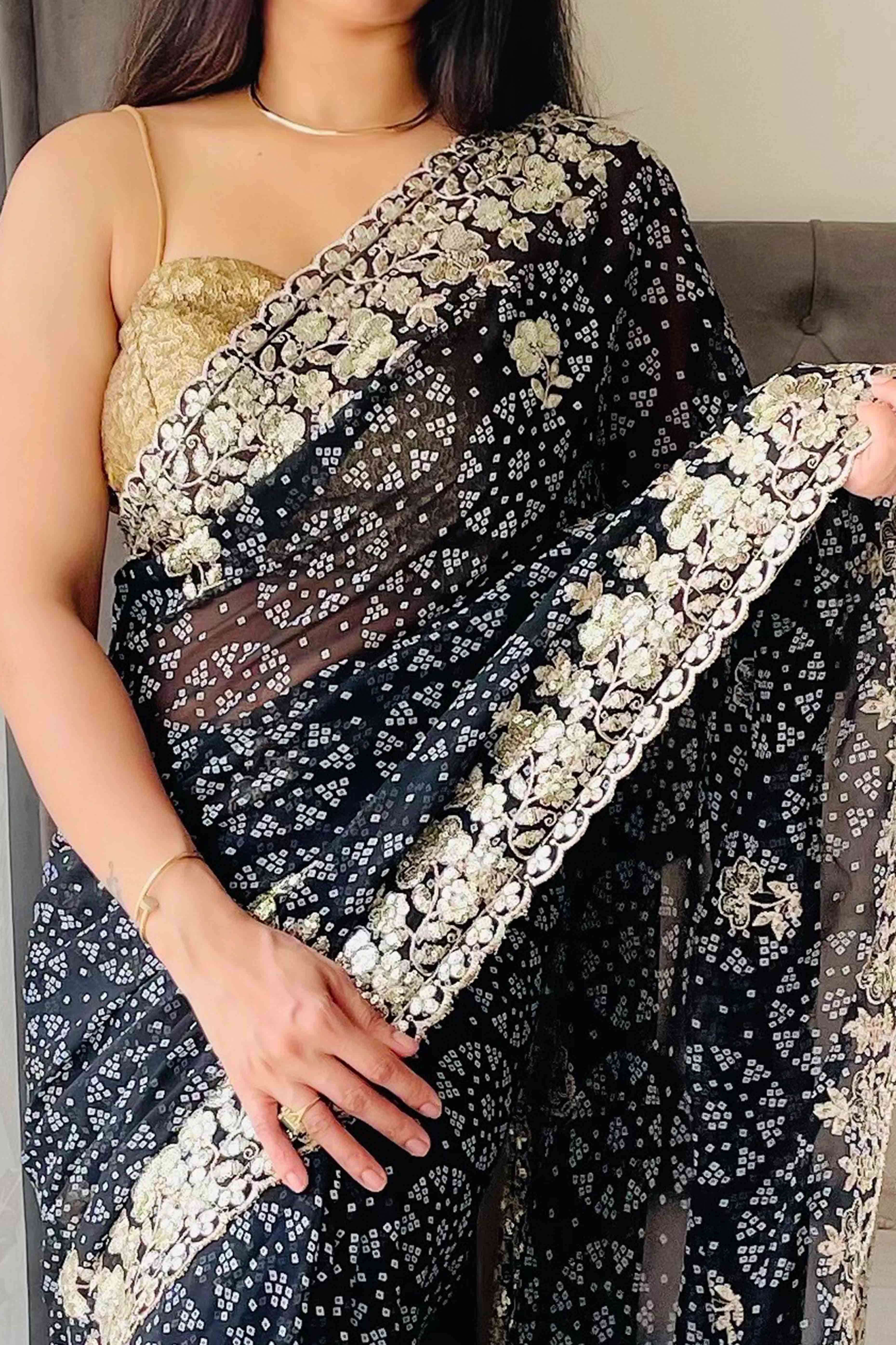 Dark Blue Bandhani Printed Georgette Saree With Dazzling Floral Sequin Embroidery