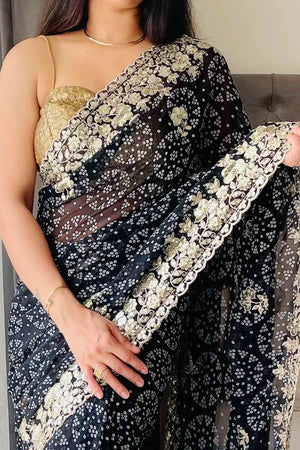 Dark Blue Bandhani Printed Georgette Saree With Dazzling Floral Sequin Embroidery