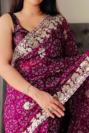 Deep Magenta Bandhani Printed Georgette Saree With Dazzling Floral Sequin Embroidery