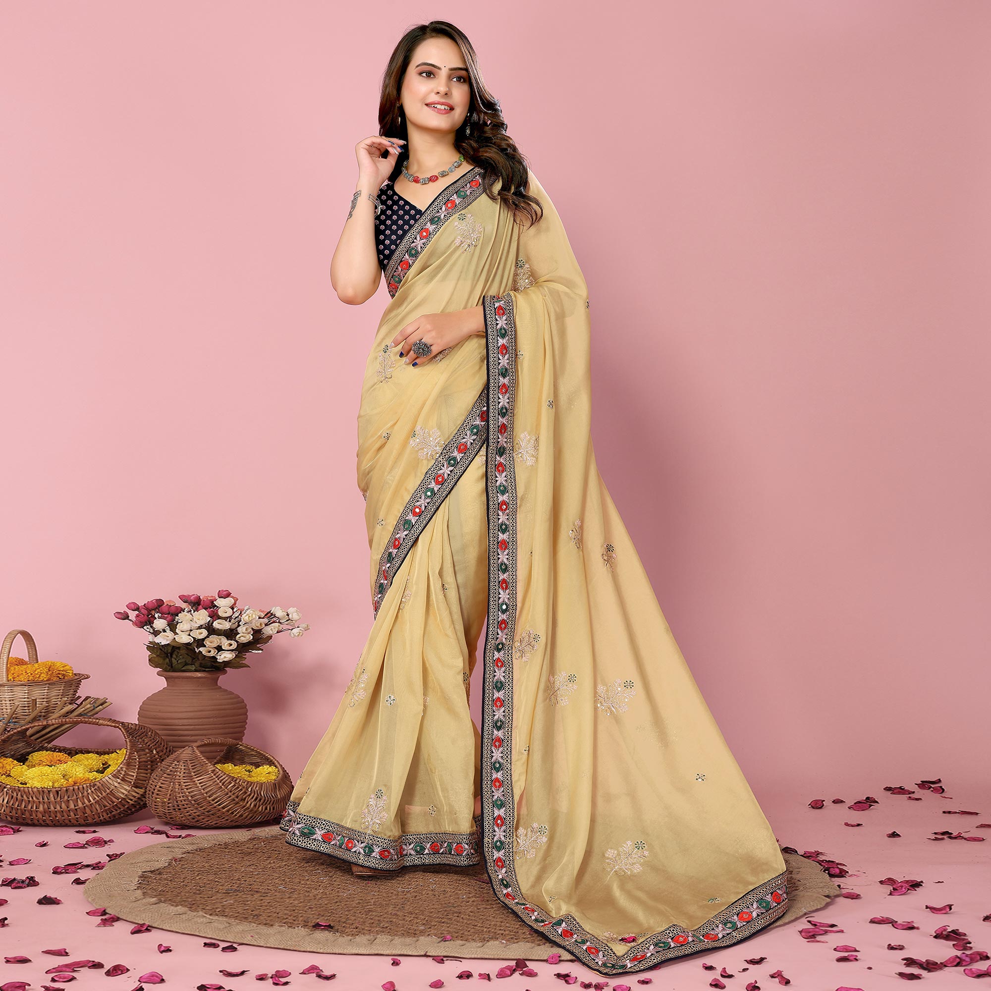 Yellow Floral Sequins Embroidered Organza Saree