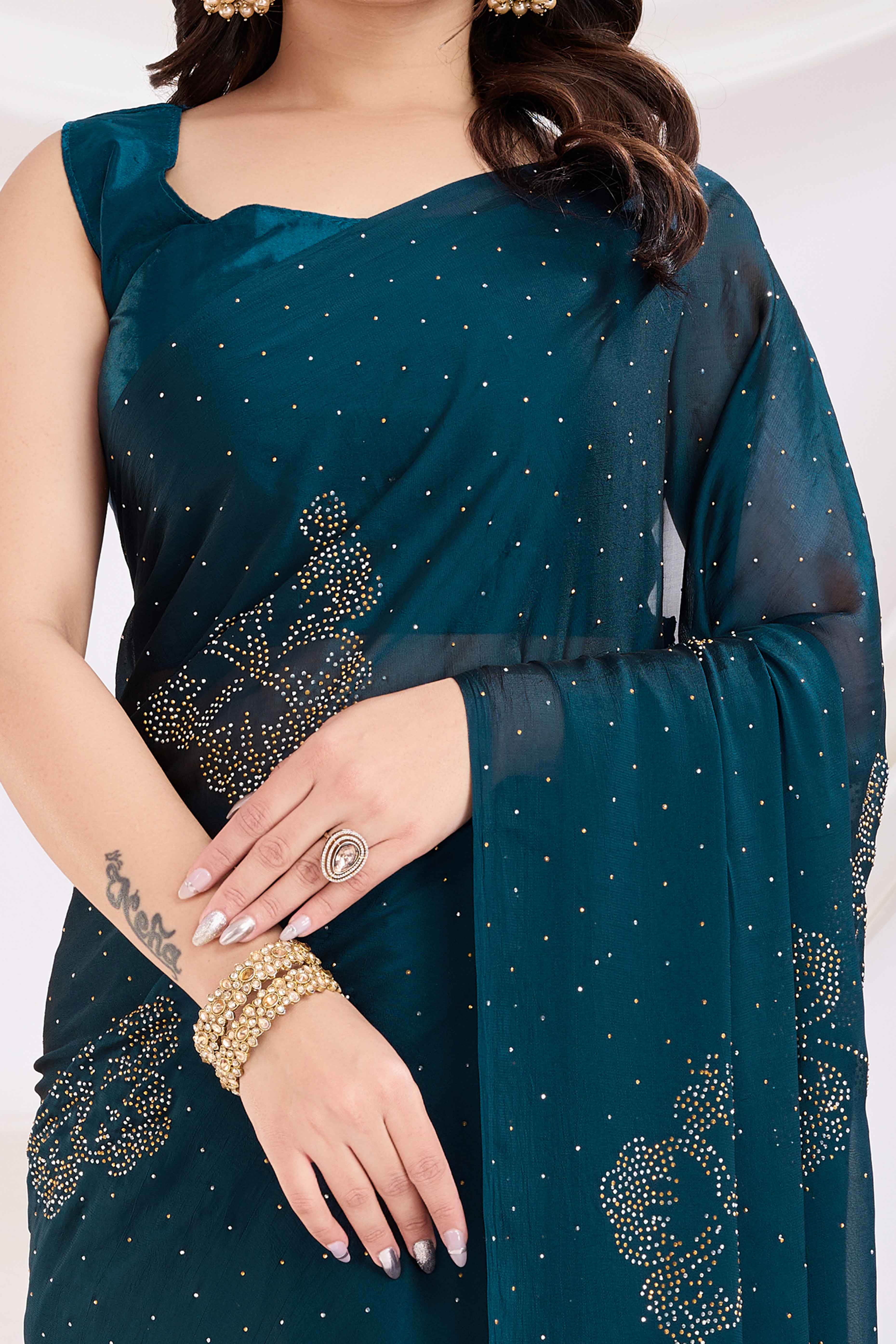 Morpich Blue Floral Swarovski Work Rangoli Art Silk Ready To Wear Saree