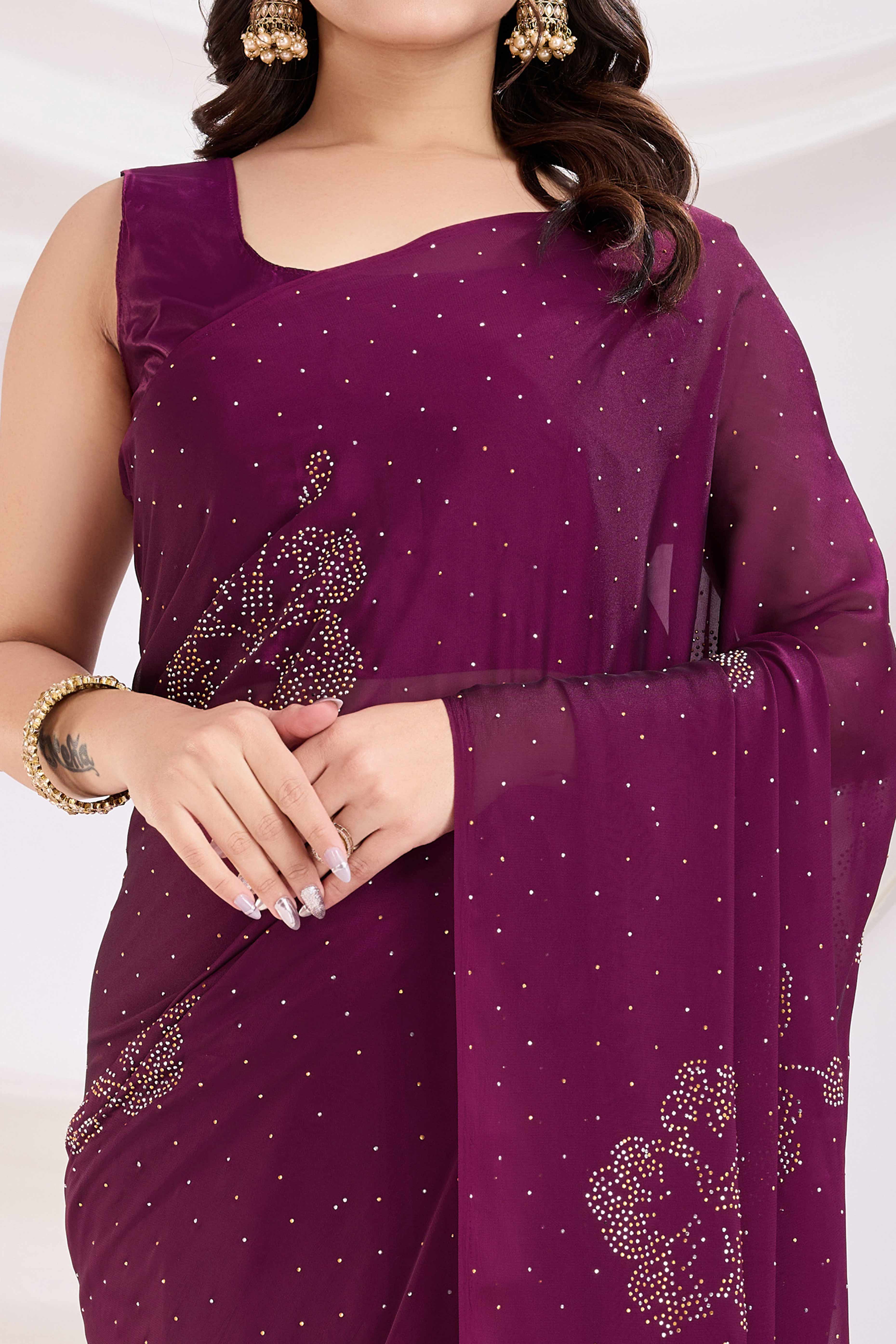 Purple Floral Swarovski Work Rangoli Art Silk Ready To Wear Saree