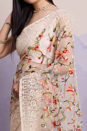 Off White Floral Embroidered Net Saree