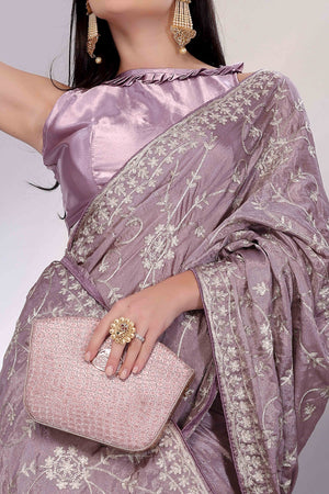 Lavender Chinon Silk Saree Adorned With Fine Floral Thread Work