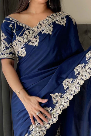 Navy Blue Chinon Silk Blend Saree With Intricate Sequins & Cording Embroidery