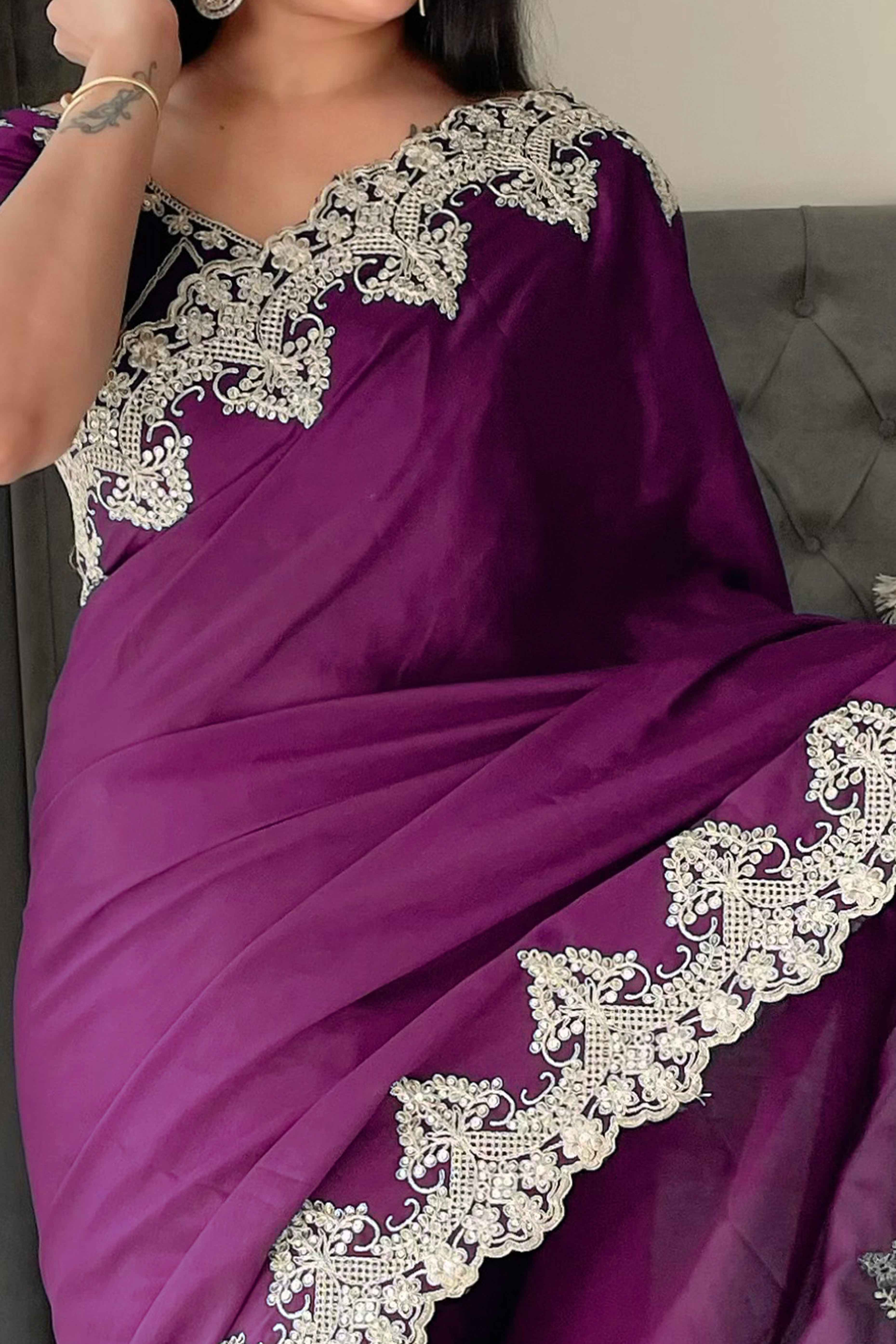 Wine Chinon Silk Blend Saree With Intricate Sequins & Cording Embroidery
