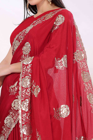 Cherry Red Saree Featuring Intricate Floral Embroidery With Sequins On Chinon Silk