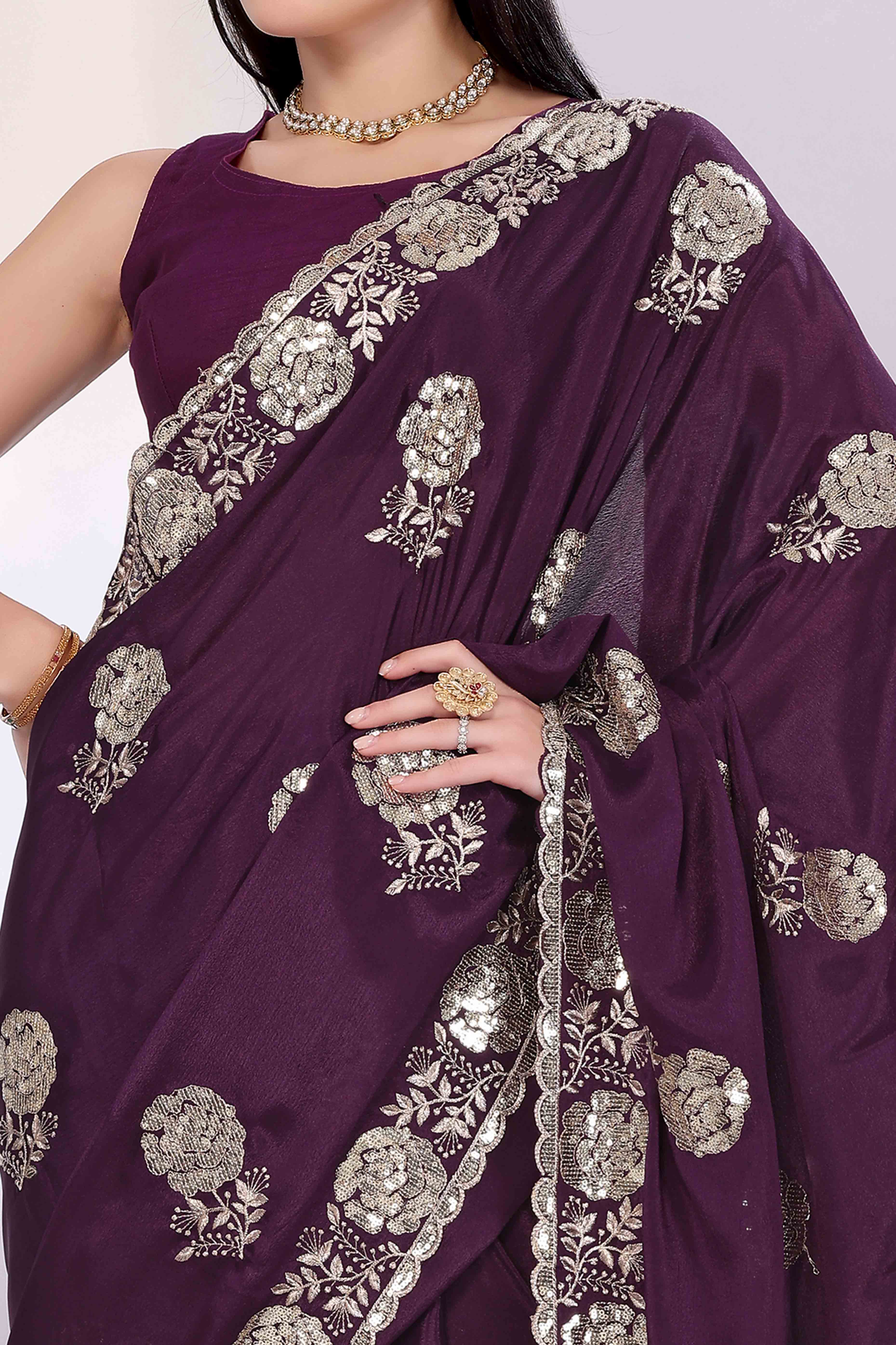 Wine Saree Featuring Intricate Floral Embroidery With Sequins On Chinon Silk