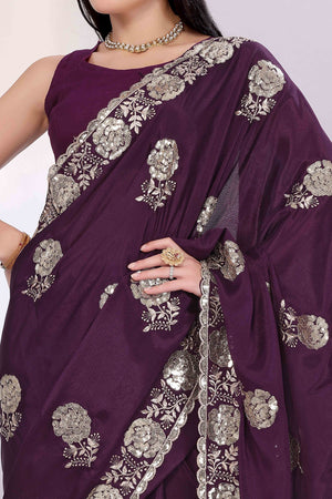 Wine Saree Featuring Intricate Floral Embroidery With Sequins On Chinon Silk