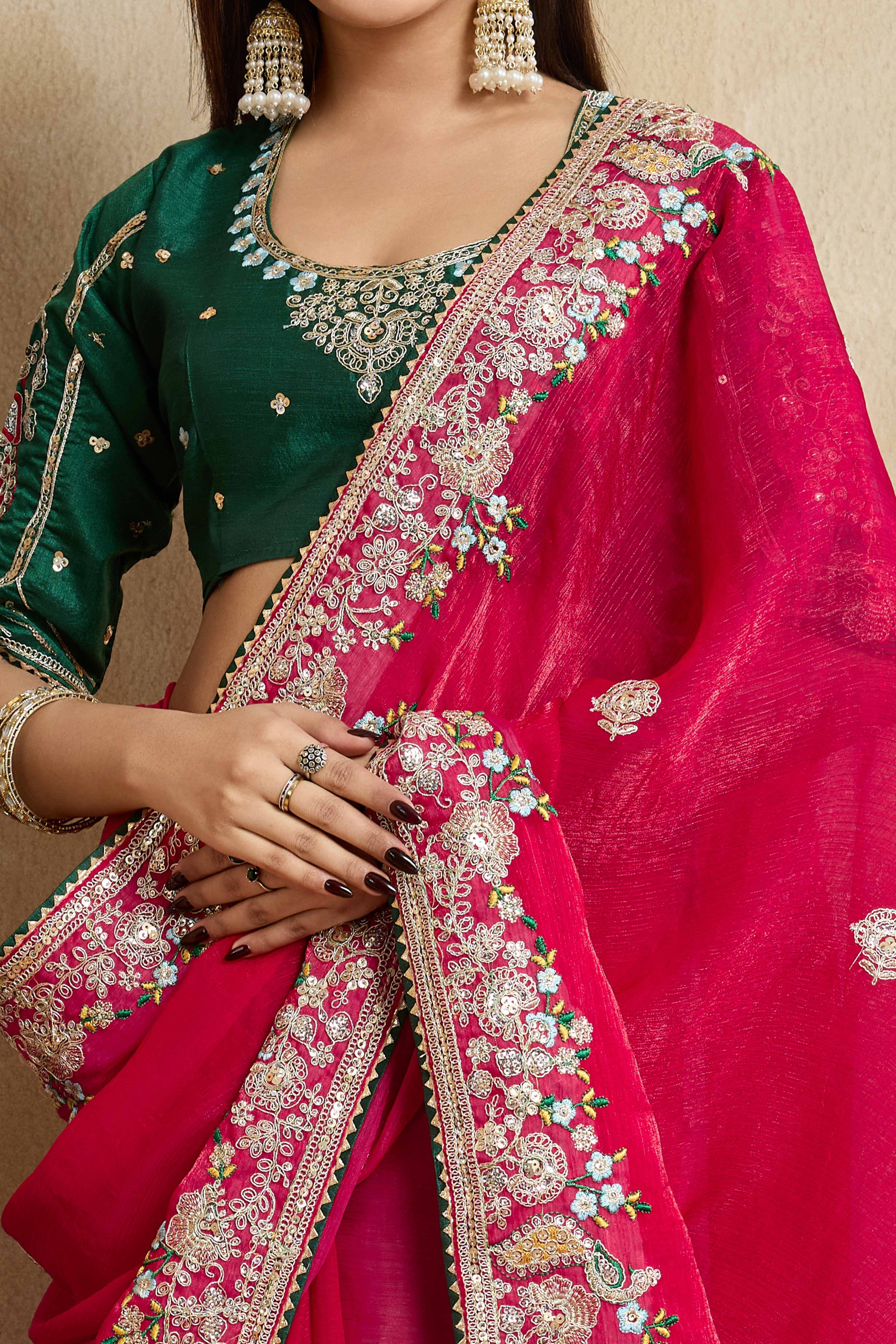 Pink Chiffon Saree With intricate Floral Cording Embroidery & Shimmering Sequins Work