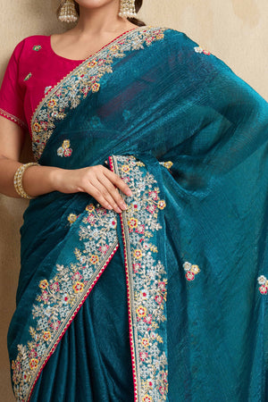 Luxe Frendy Chiffon Saree in Bold Teal with Delicate Floral Embroidery