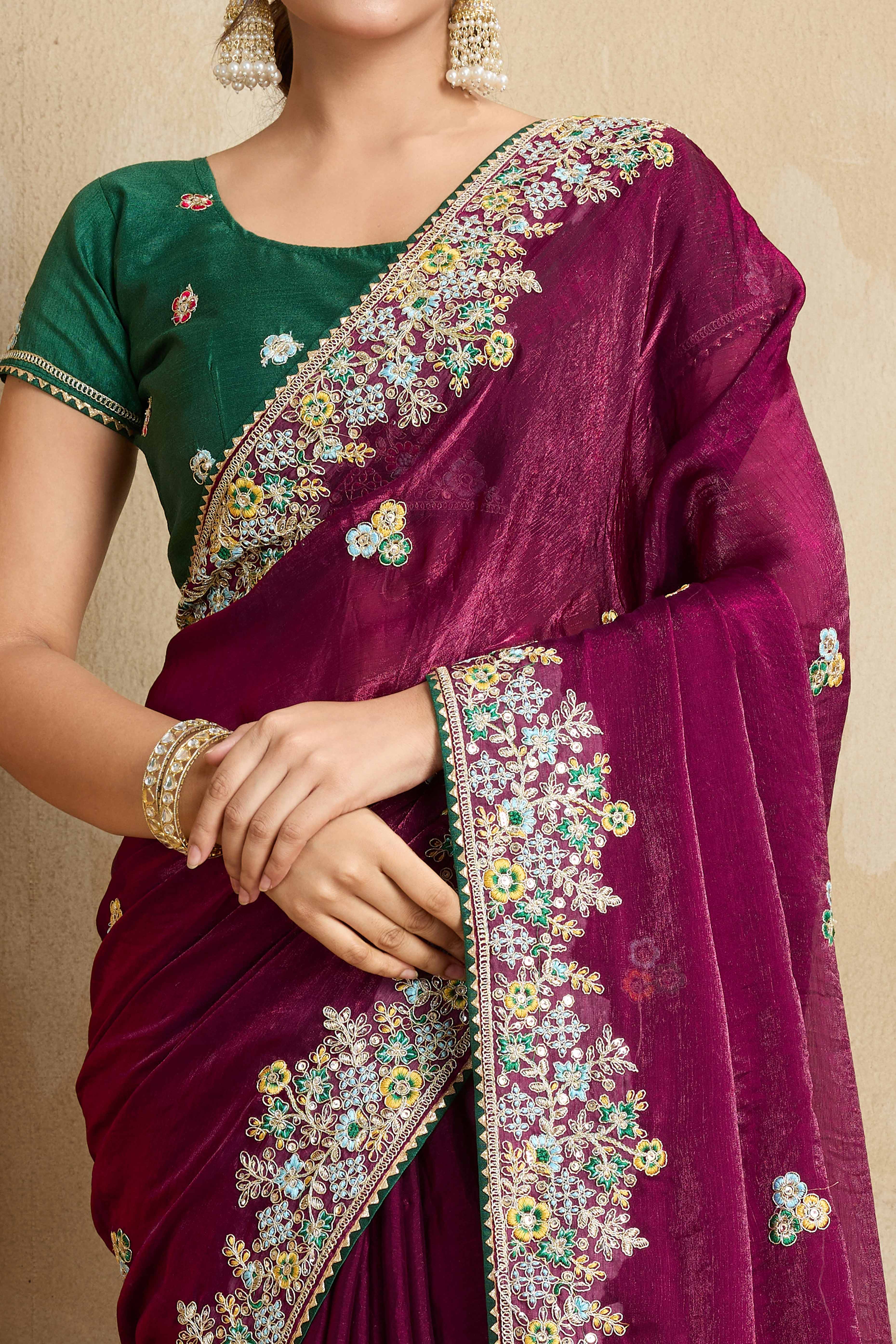 Luxe Frendy Chiffon Saree in Bold Plum Purple with Delicate Floral Embroidery
