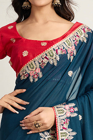 Dark Teal Blue Georgette Saree Featuring Floral Cording Embroidery & Shimmering Sequins Work