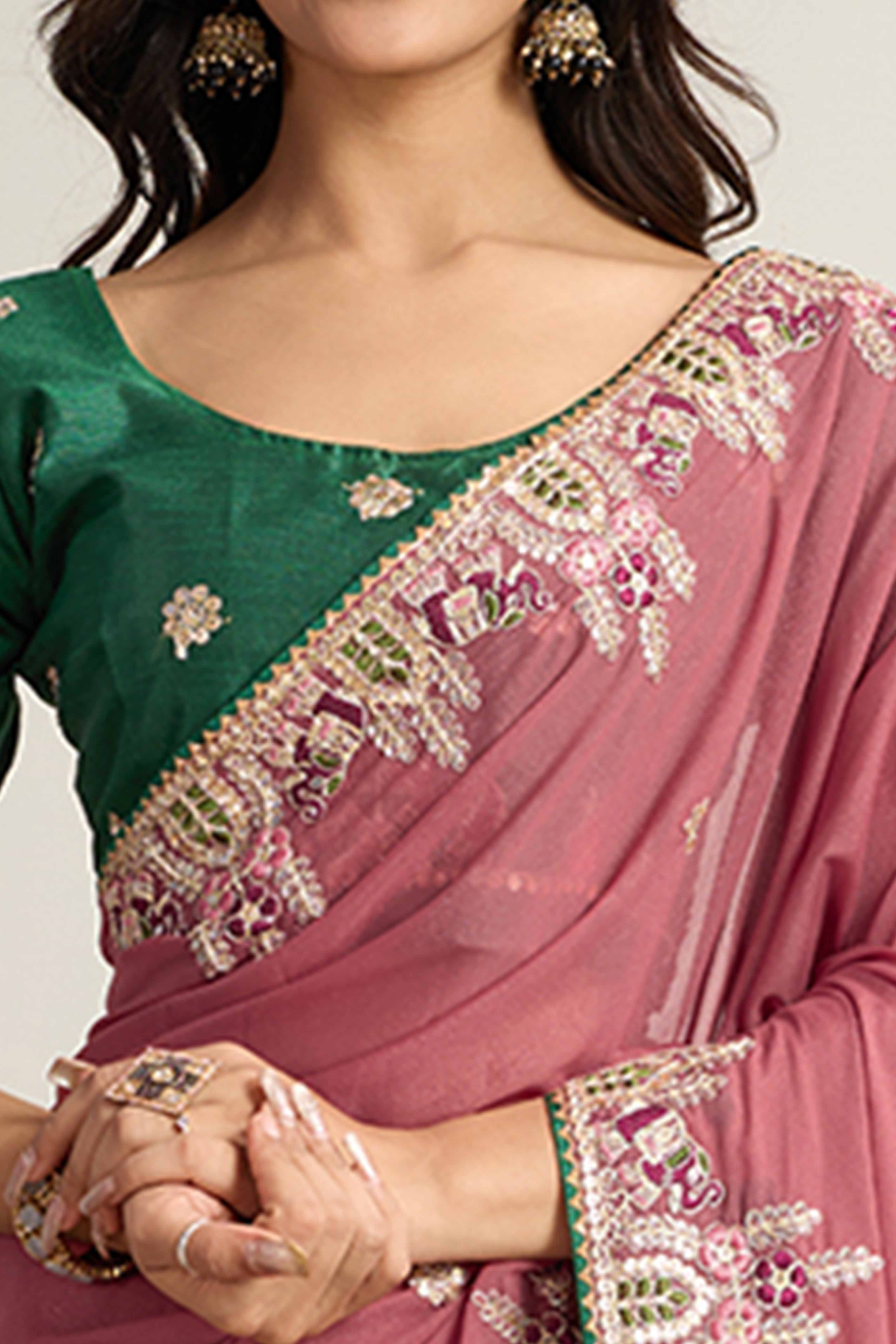 Dusty Rose Pink Georgette Saree Featuring Floral Cording Embroidery & Shimmering Sequins Work