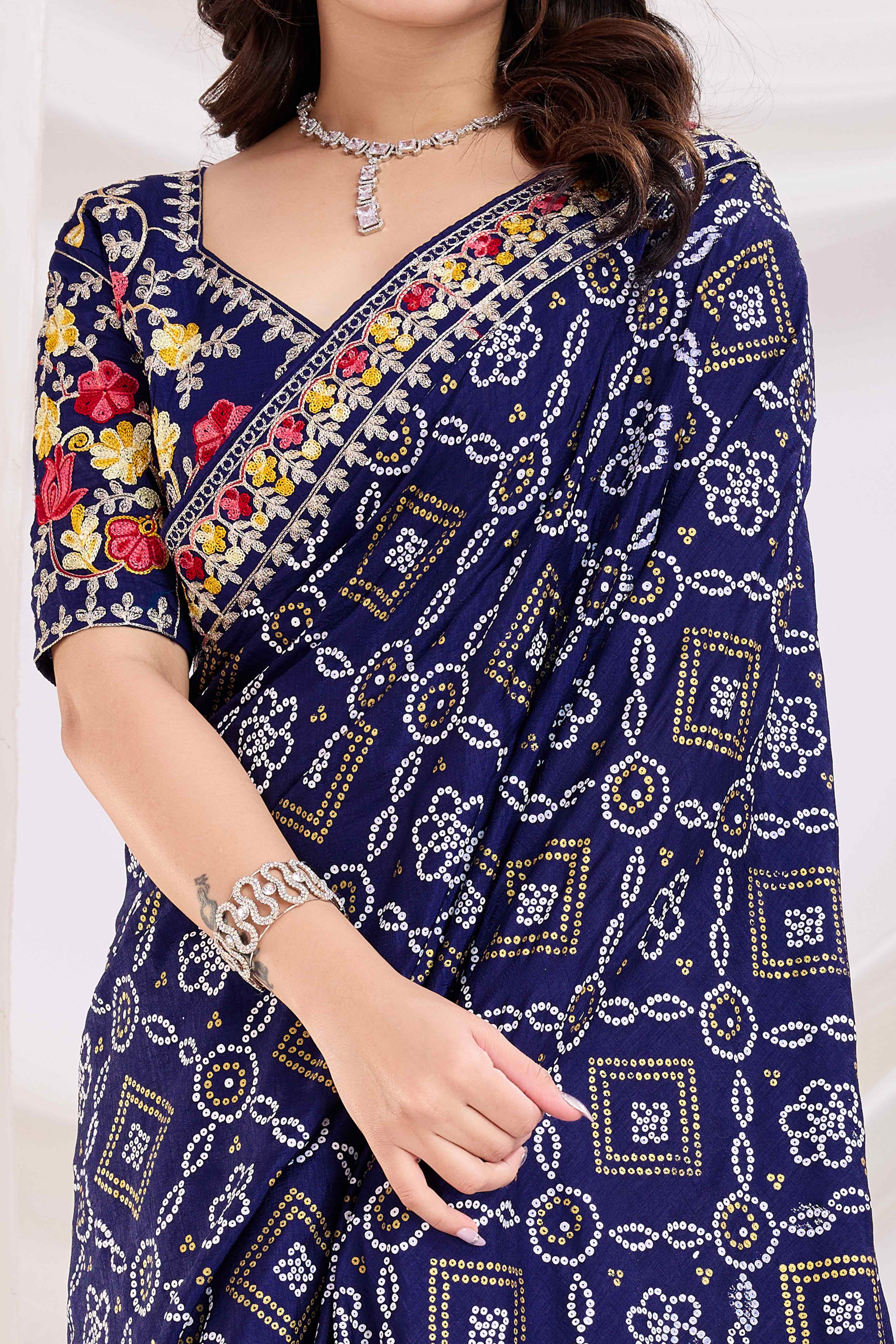 Navy Blue Bandhani Printed Vichitra Silk Saree With Embroidery Border