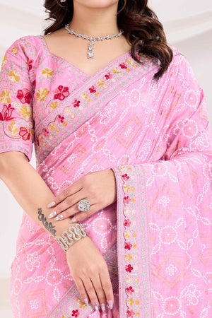 Pink Bandhani Printed Vichitra Silk Saree With Embroidery Border